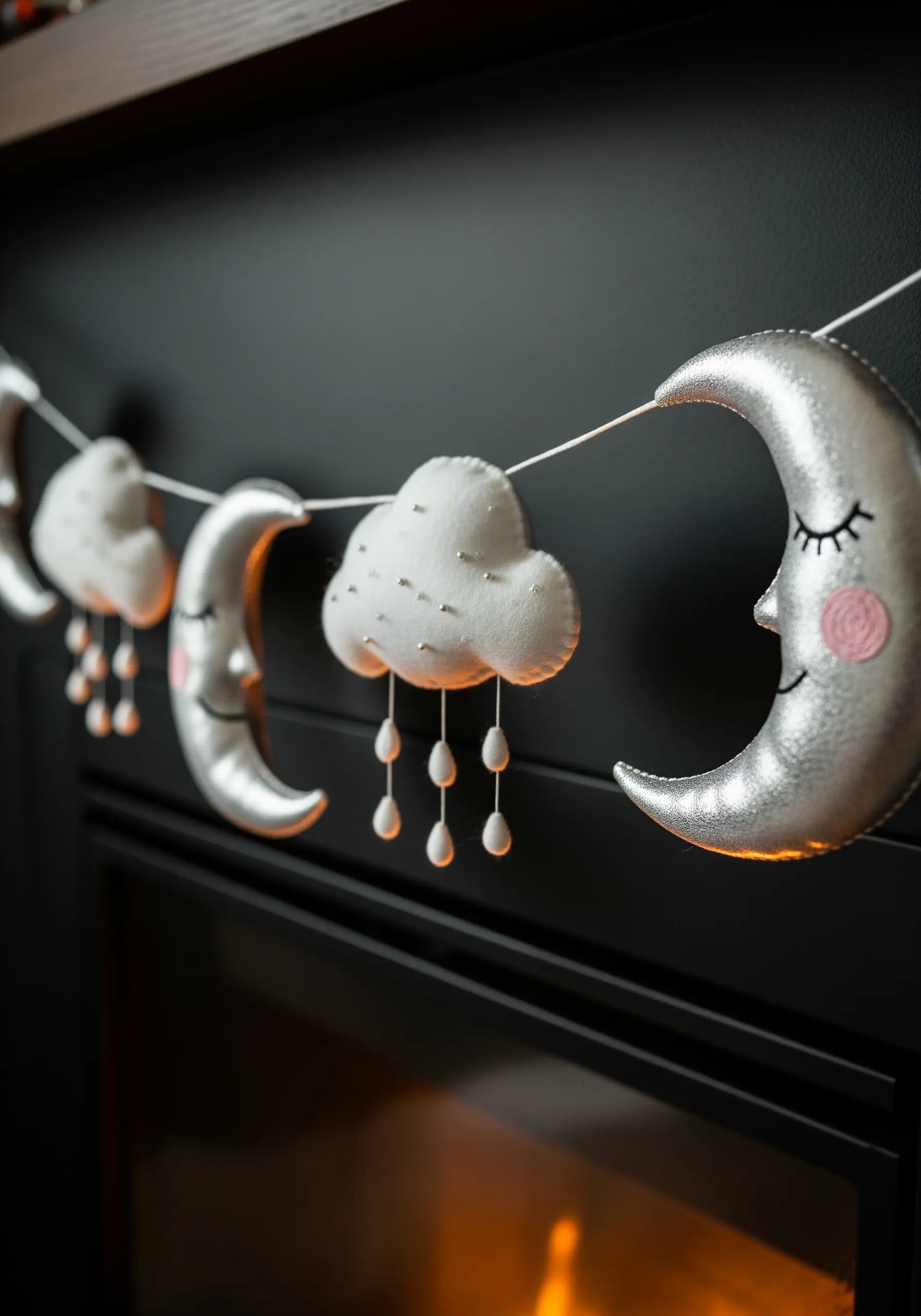 A soft garland made of silver crescent moons and white felt clouds with beaded raindrops.