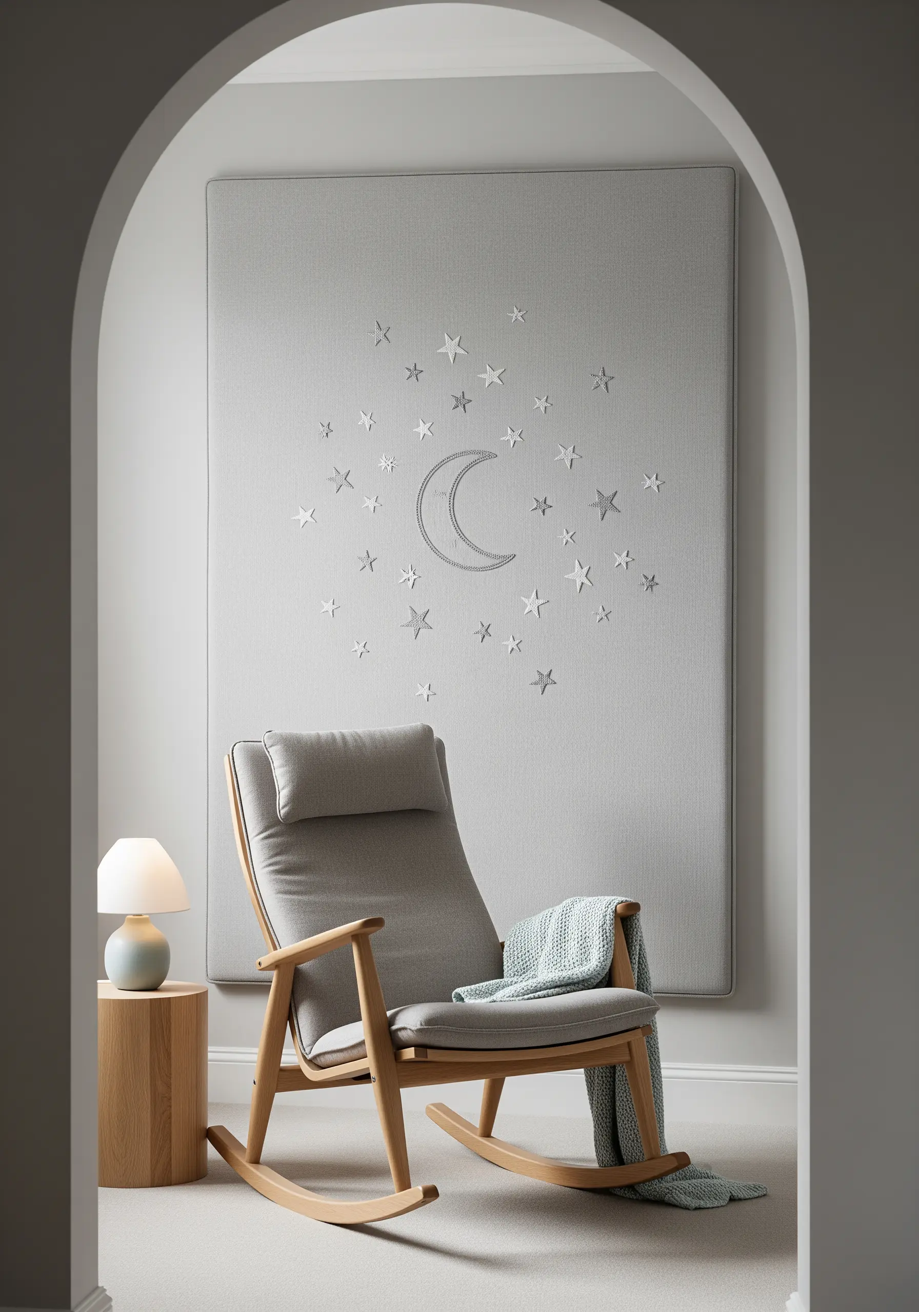 A large gray fabric panel featuring a padded appliqué moon and stars in a lighter gray.