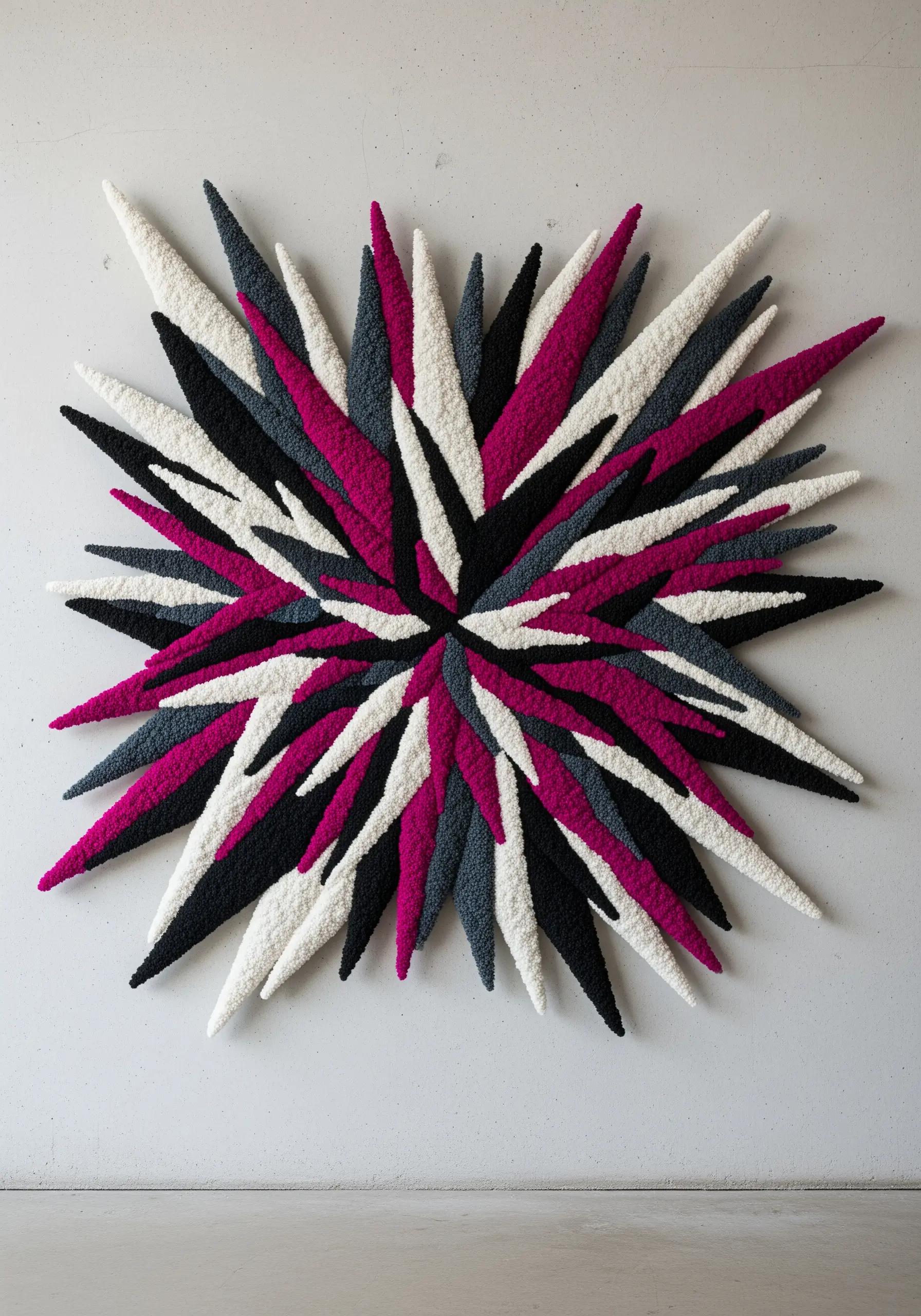 A 3D tufted wall art piece shaped like a starburst with magenta, black, and white points