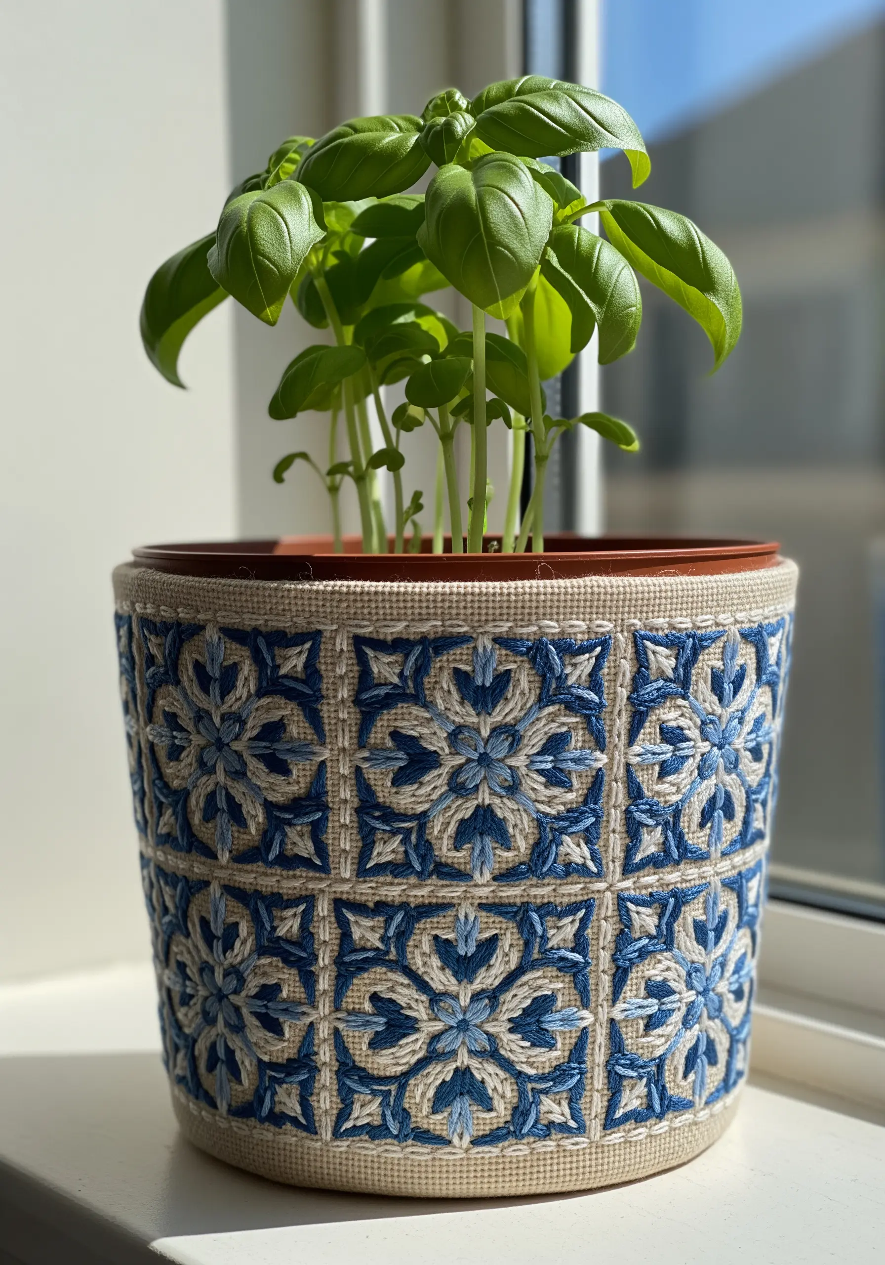 A fabric planter pot cover with a blue and beige geometric tile embroidery pattern