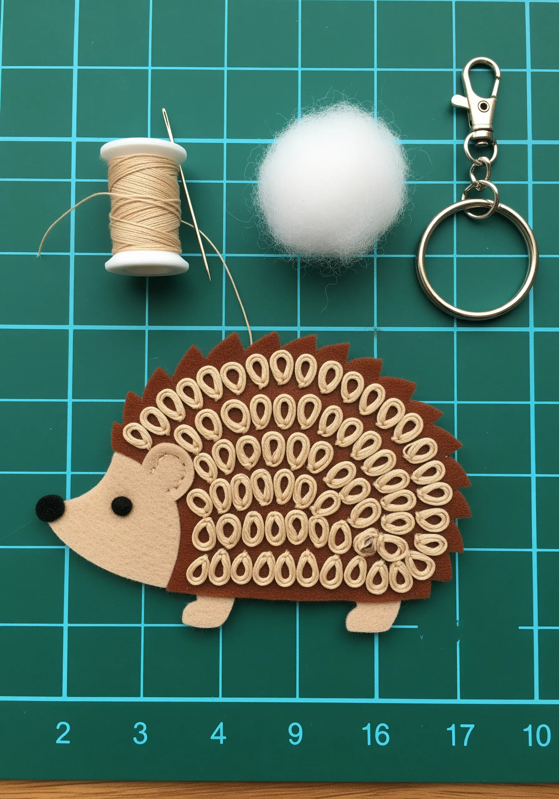 A felt hedgehog keychain with looped detached chain stitches creating textured spines.