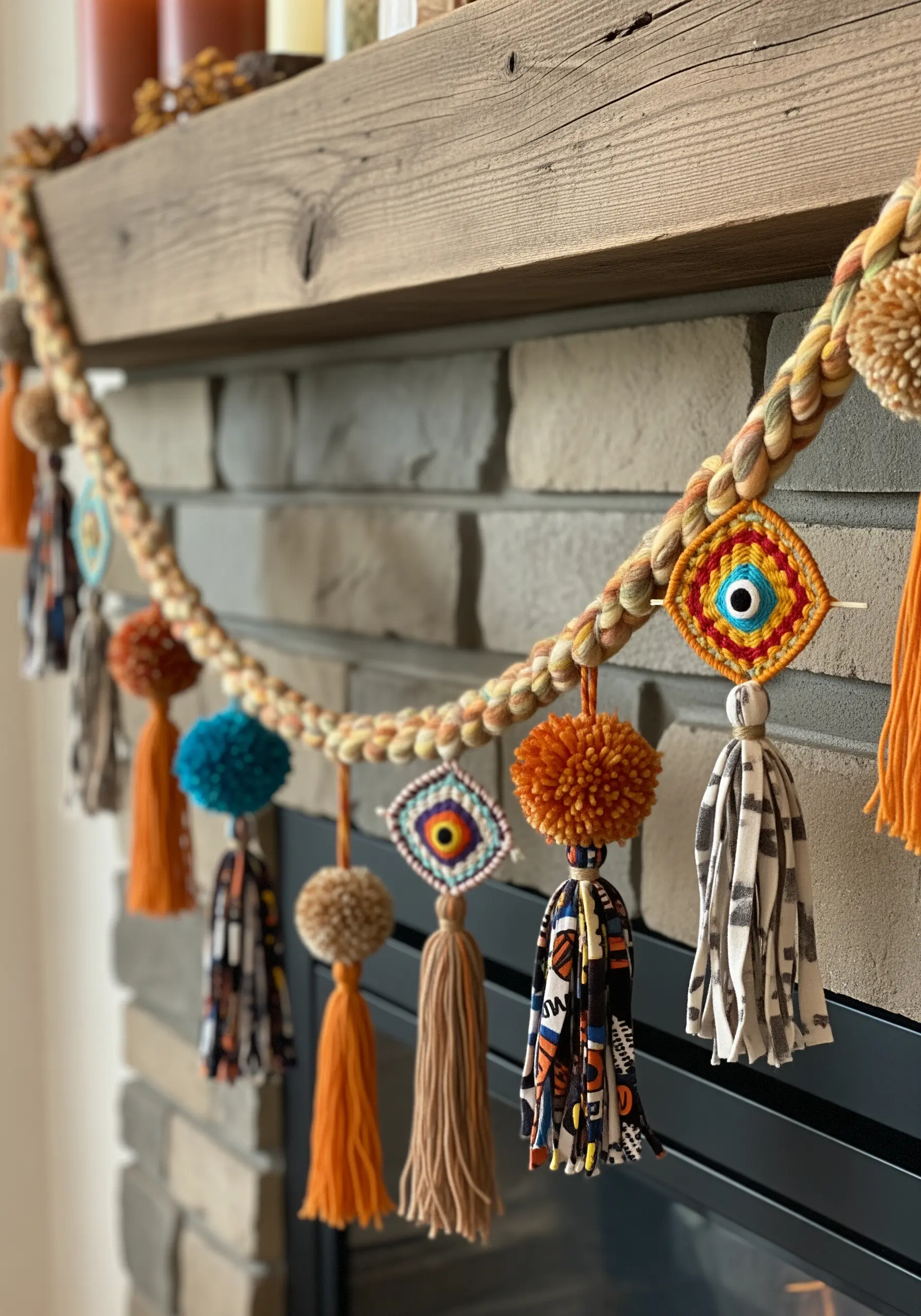A vibrant, eclectic garland with pom-poms, tassels, and crocheted evil eyes hanging on a mantel.