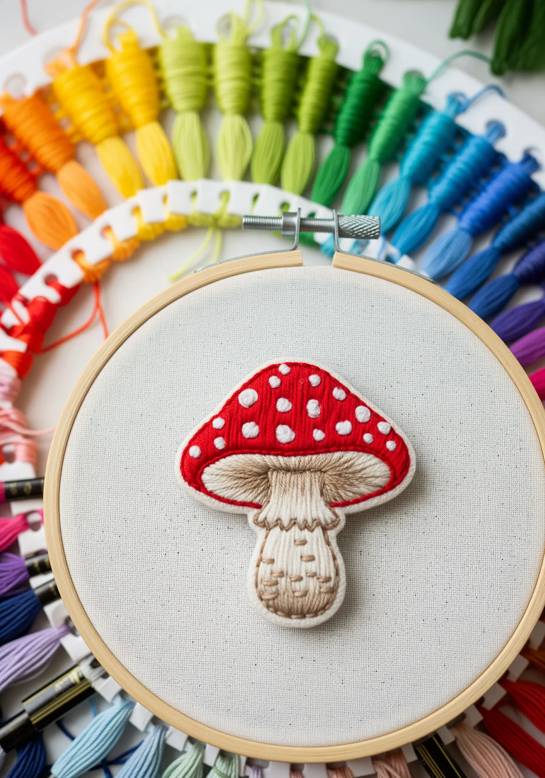 A detailed embroidered appliqué patch of a red and white mushroom in a hoop.