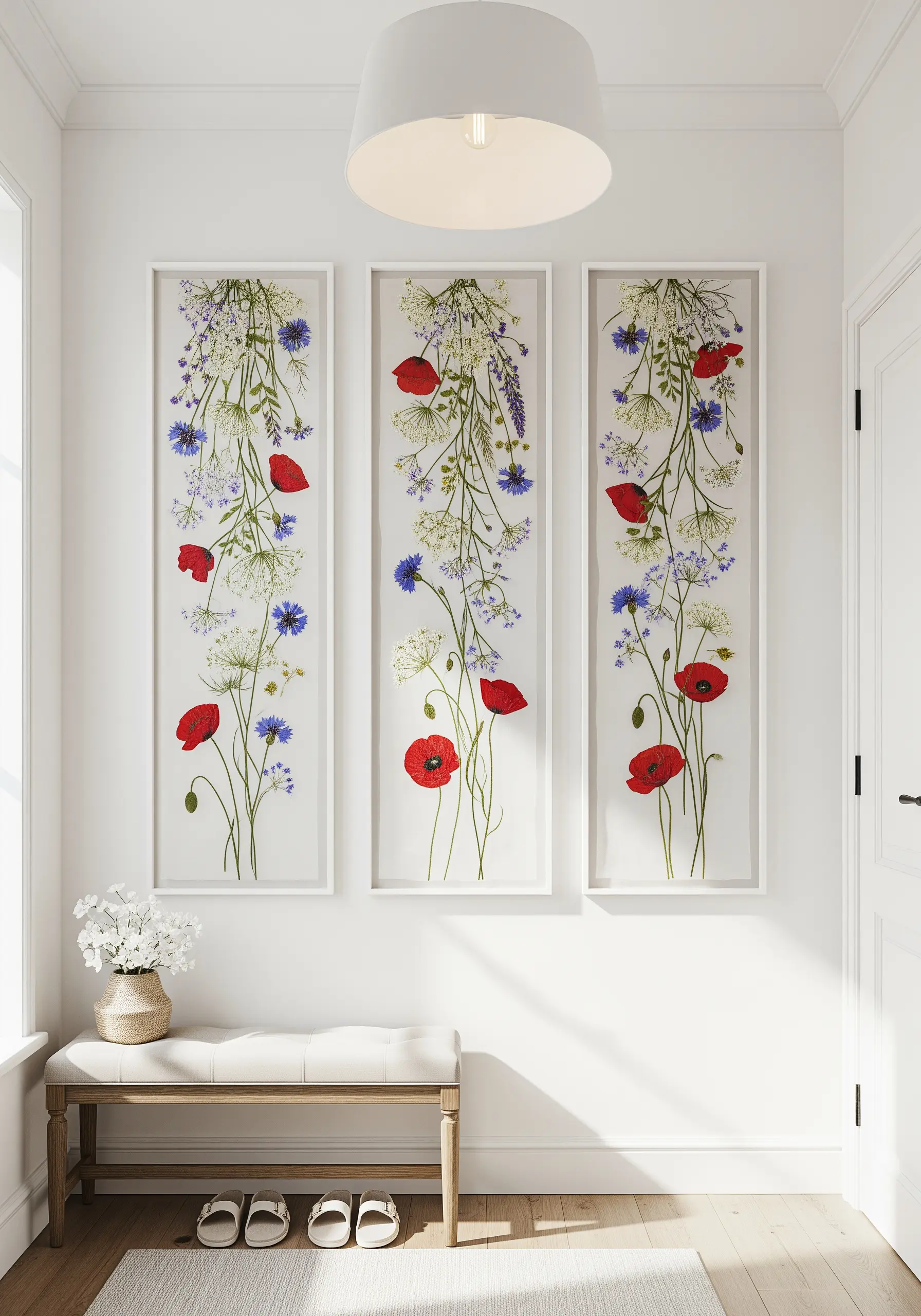 A triptych of three vertical frames displaying pressed wildflowers with embroidered stems on sheer fabric.