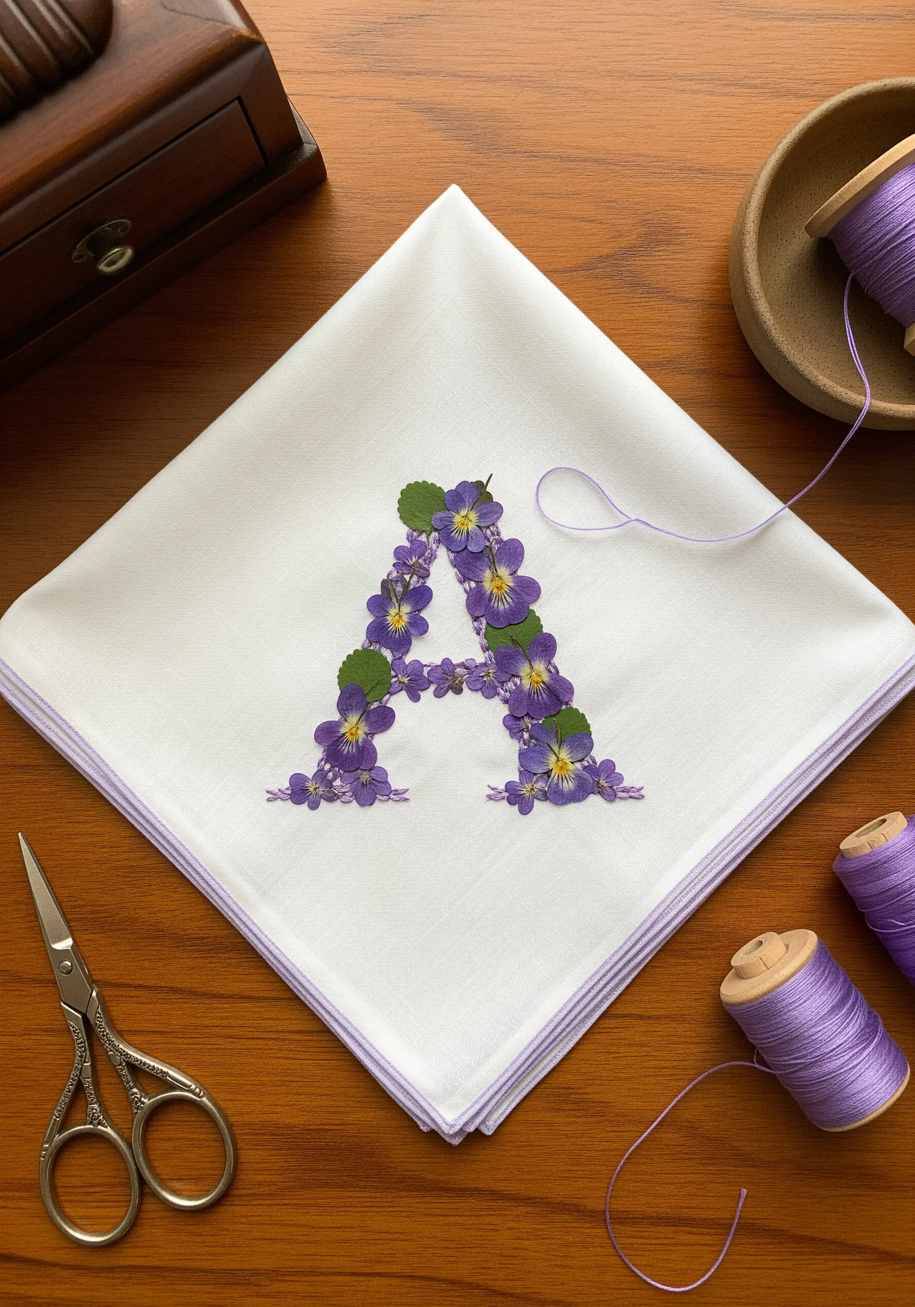The letter 'A' formed from pressed purple violets on a white linen handkerchief.