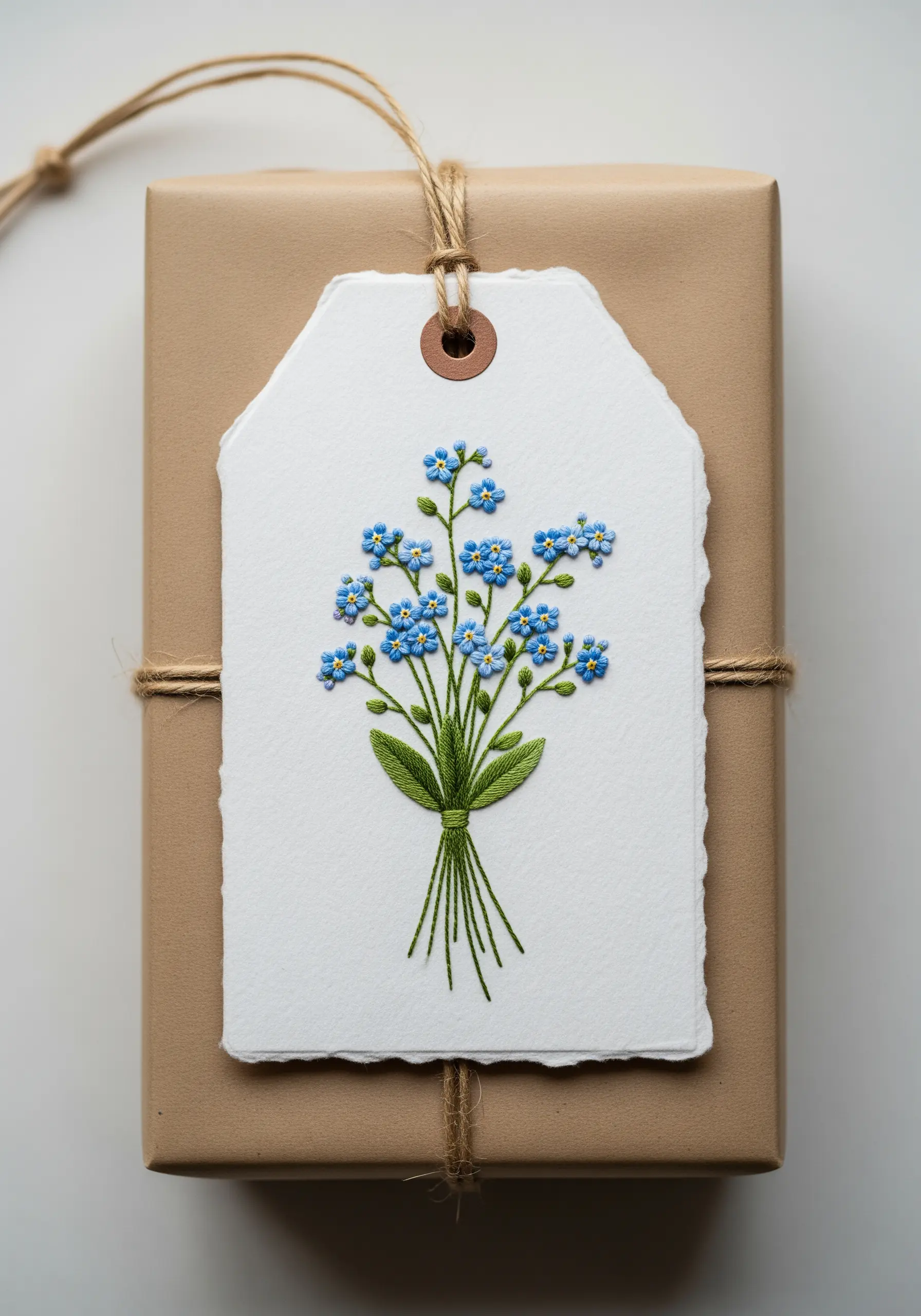 A paper gift tag embroidered with a small bouquet of blue forget-me-not flowers.