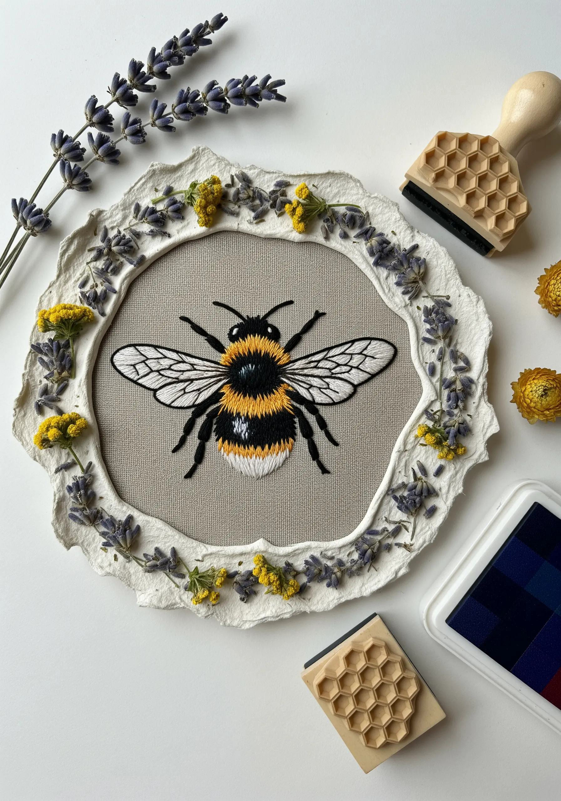 Embroidered bee on fabric framed with handmade paper embedded with pressed flowers.