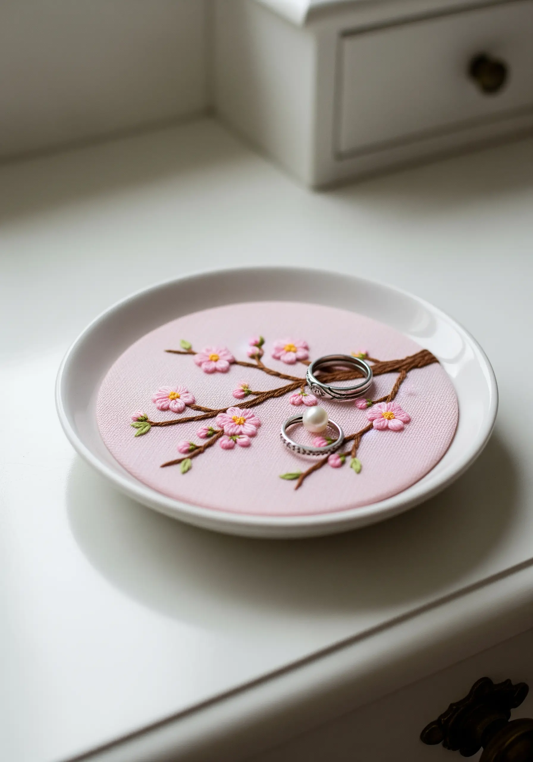 A ceramic dish lined with pink fabric embroidered with cherry blossoms, used as a ring holder