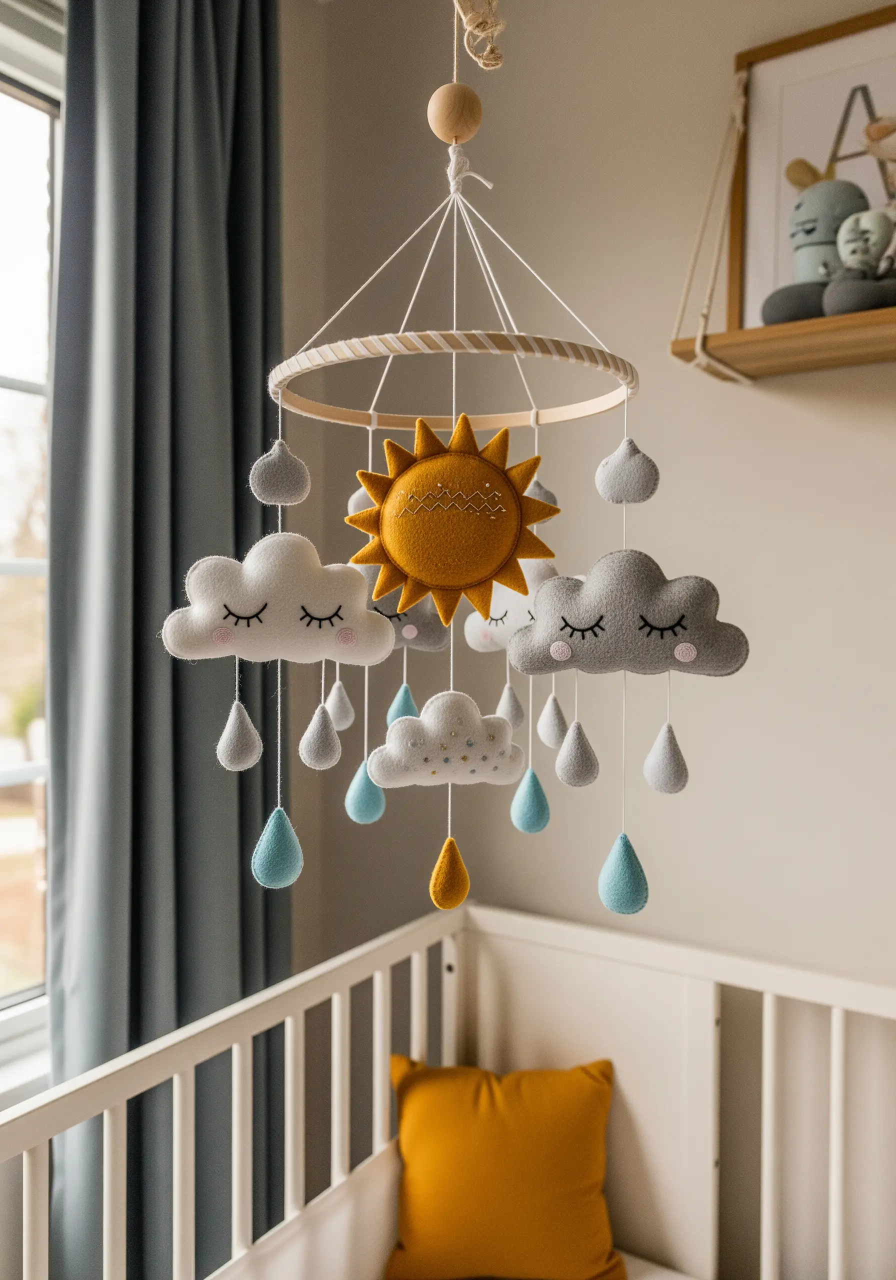 A nursery mobile made of felt sun, clouds, and raindrops with simple embroidered faces.