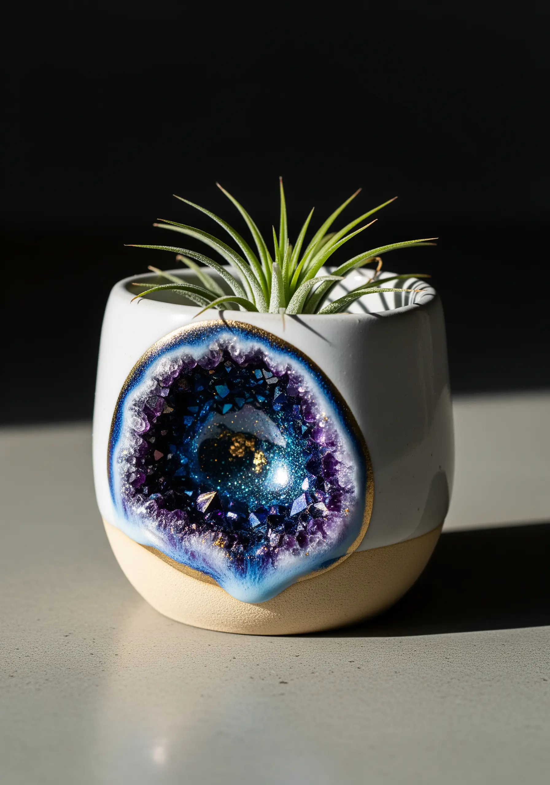 A small ceramic planter decorated with a sparkling purple and blue crystal geode