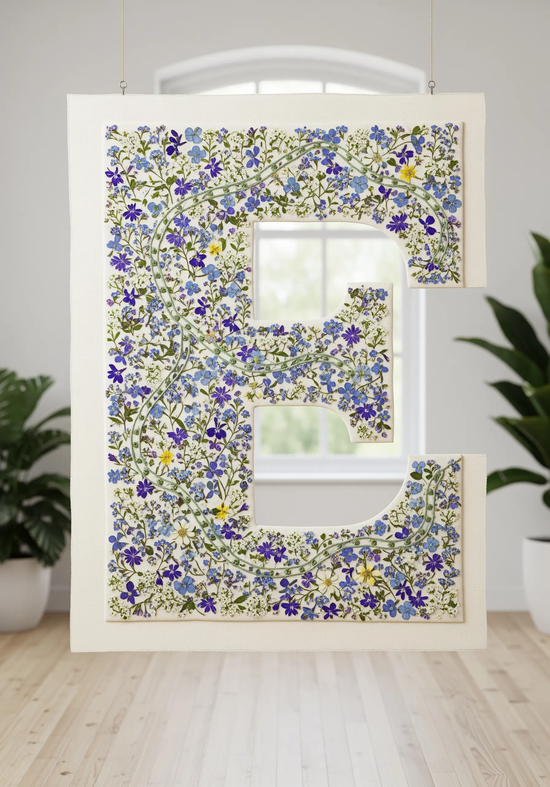 Large letter 'E' wall hanging filled with a dense pattern of tiny pressed flowers.