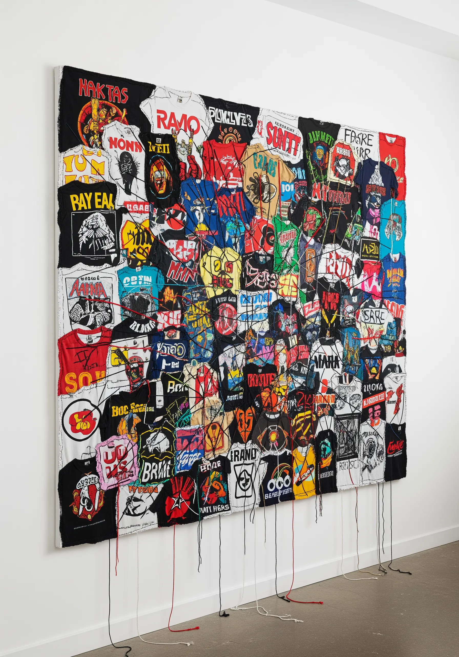 A large wall quilt made from a collage of cut-up graphic band t-shirts.