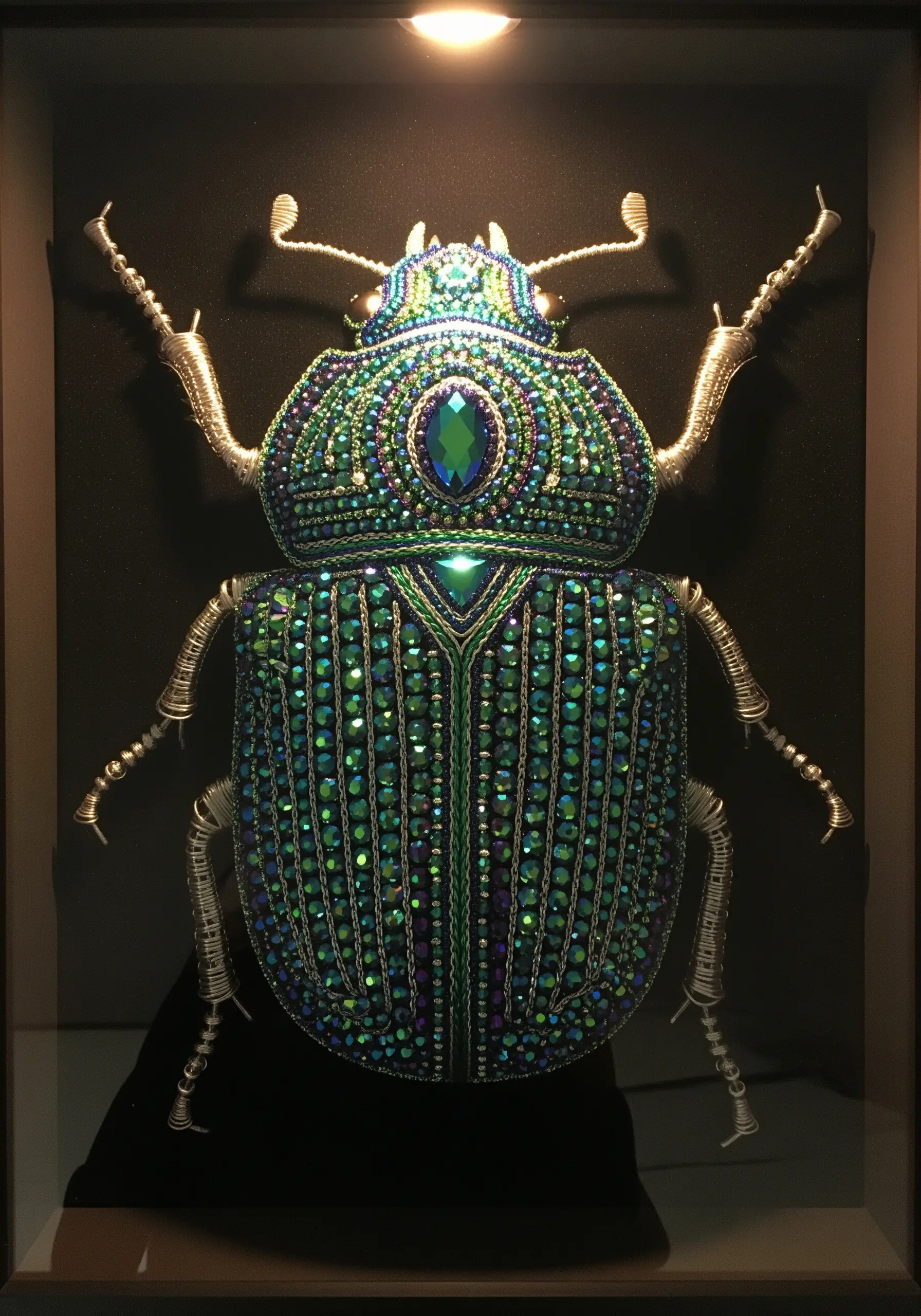A highly detailed, three-dimensional beetle made with metallic threads, wires, and green crystals.