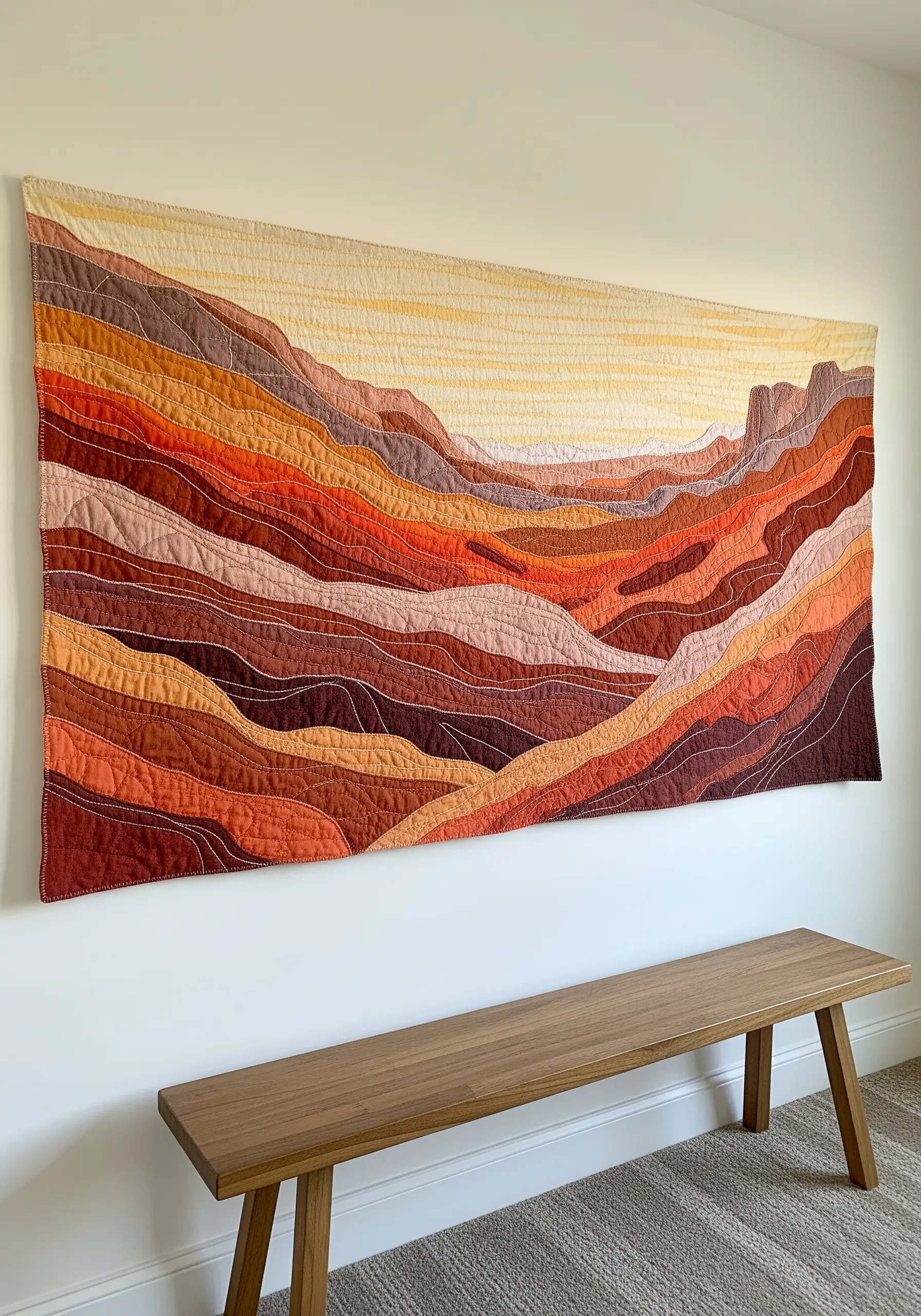 A large quilted wall hanging depicting an abstract canyon landscape in layered earth-tone fabrics.