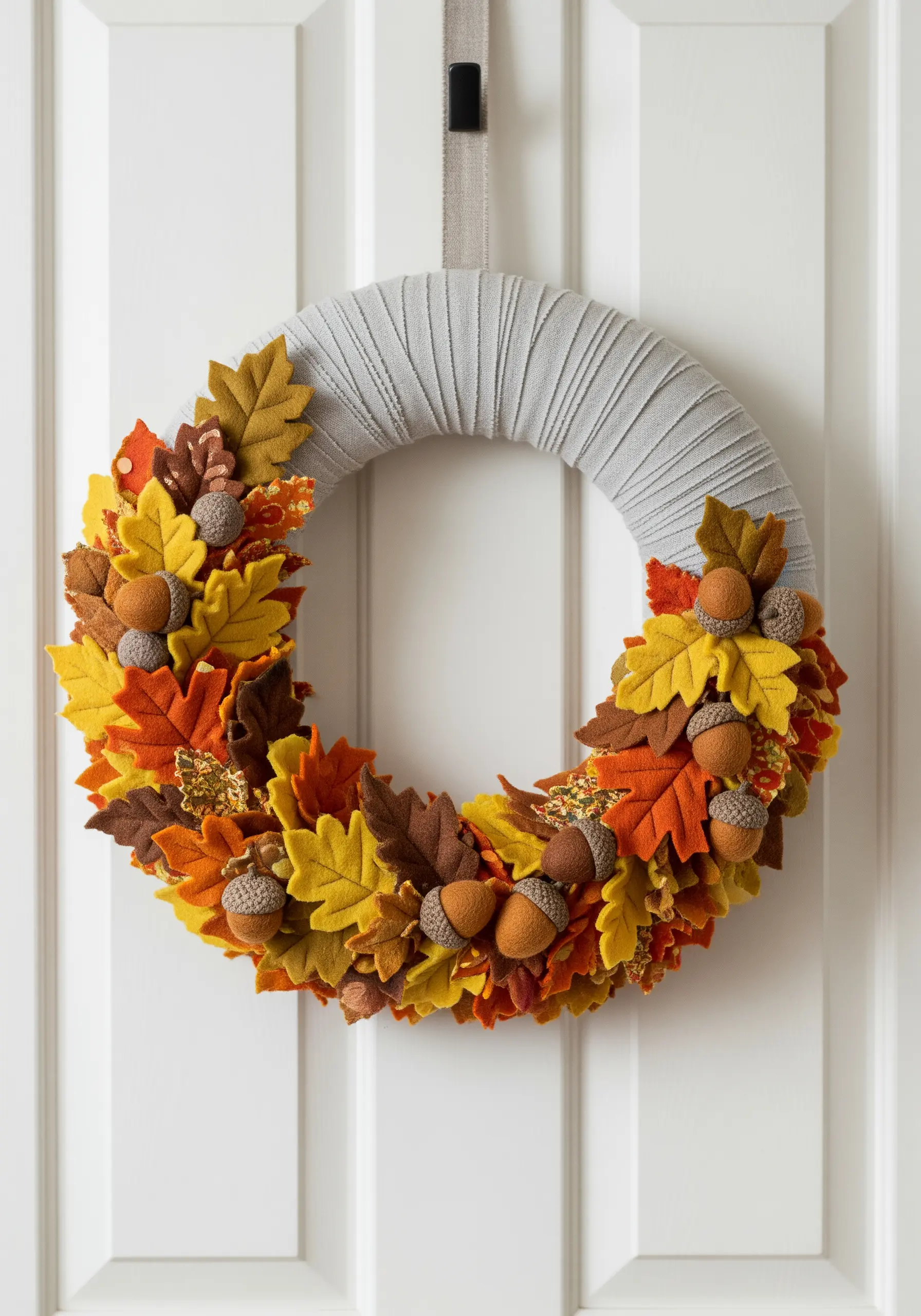 An autumn wreath for a door made from felt leaves and acorns in warm colors.