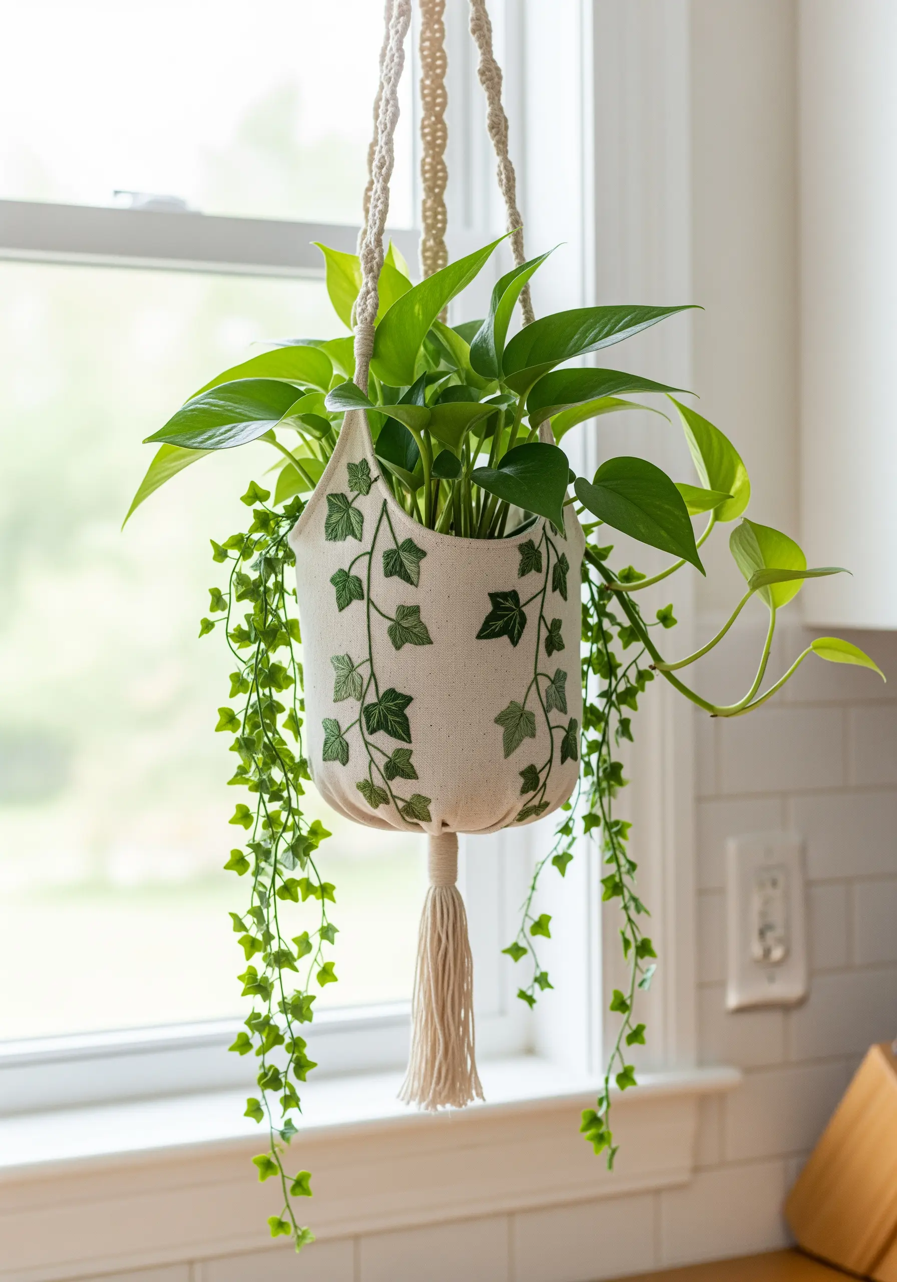 A canvas plant hanger embroidered with green ivy vines, holding a live pothos plant.