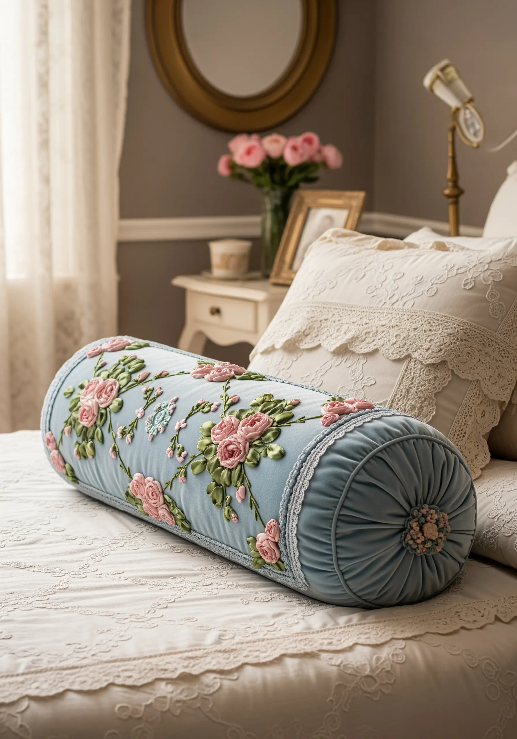 A light blue bolster pillow on a bed, decorated with pink and green silk ribbon embroidery roses.