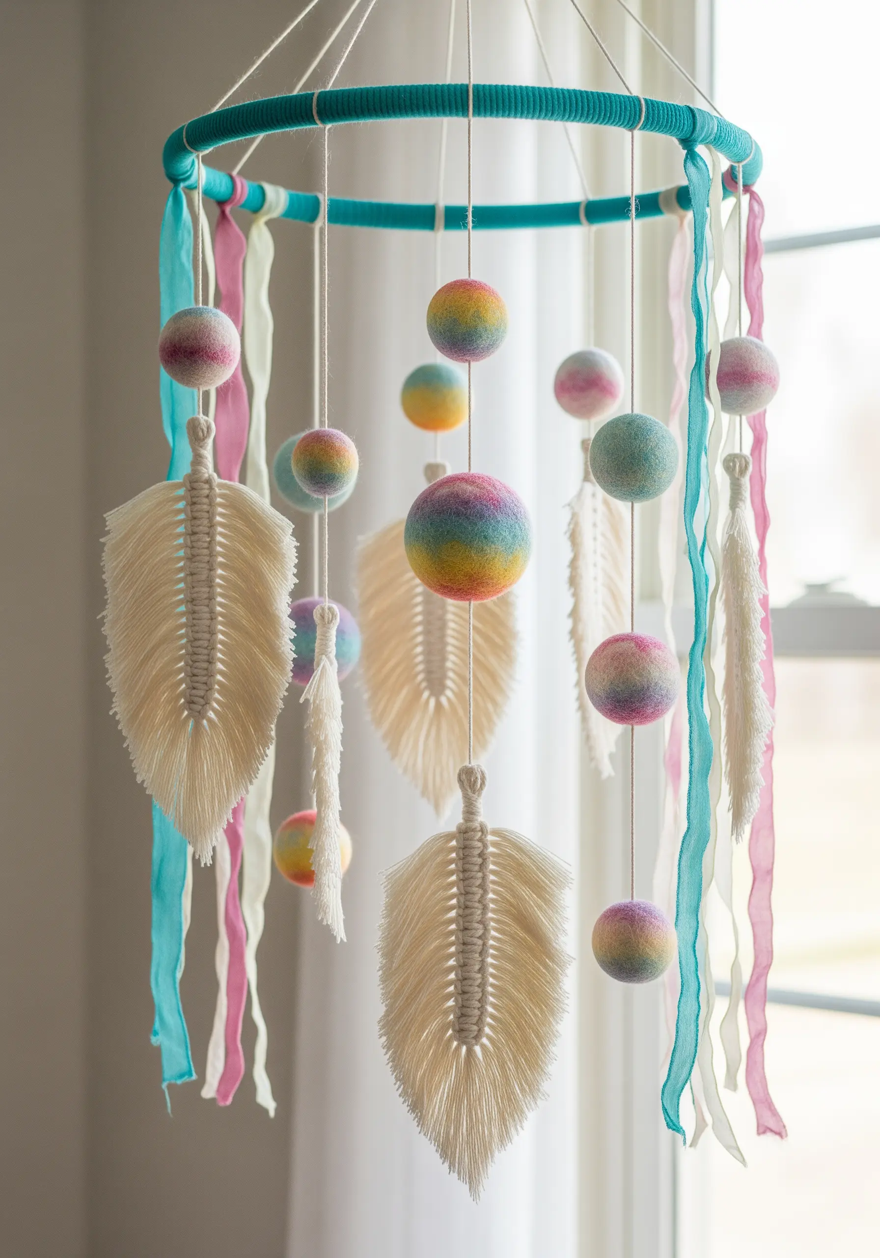 Nursery mobile with white macrame feathers and rainbow-colored felted wool balls.