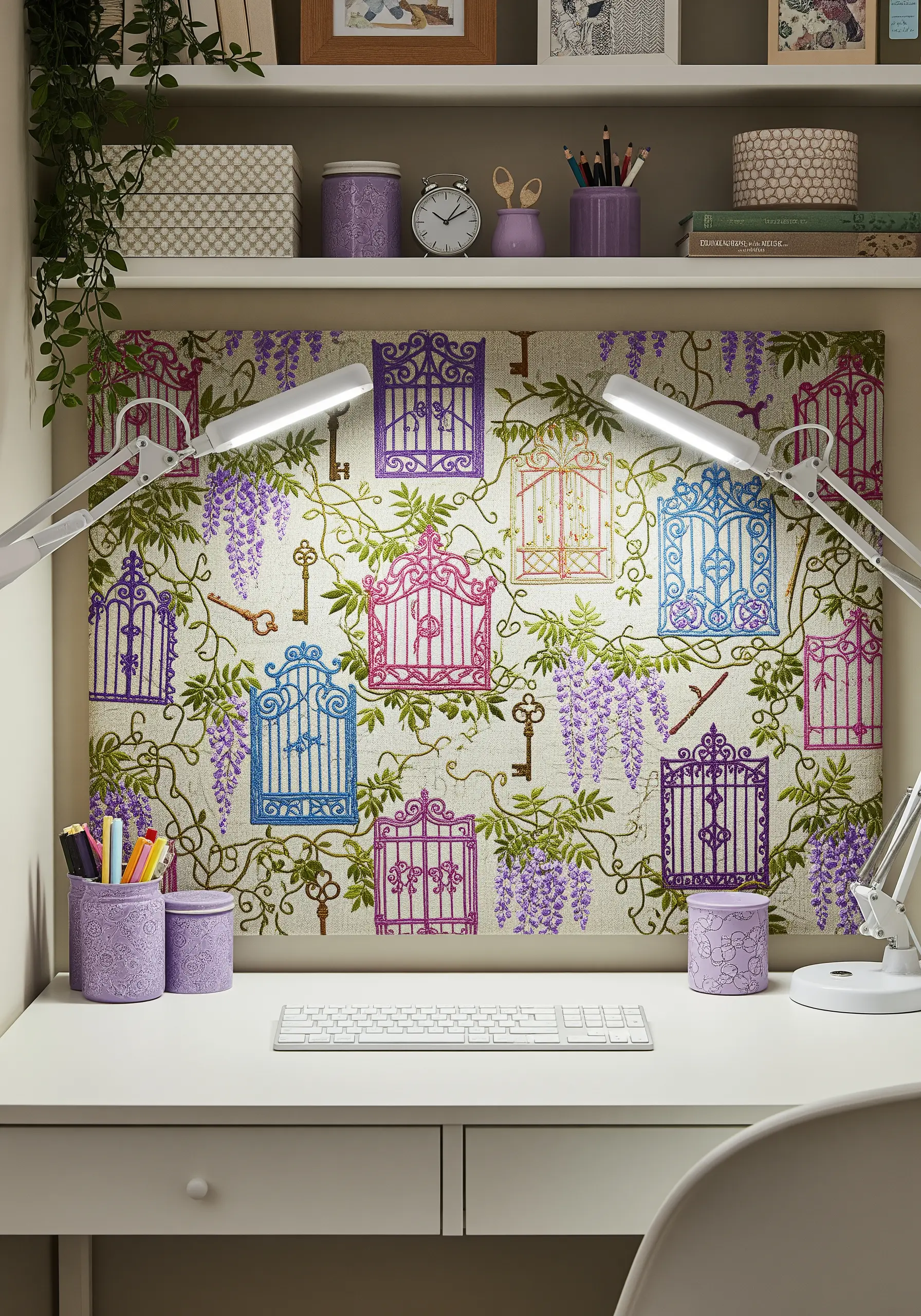 A large fabric pinboard embroidered with colorful gates, keys, and purple wisteria vines.