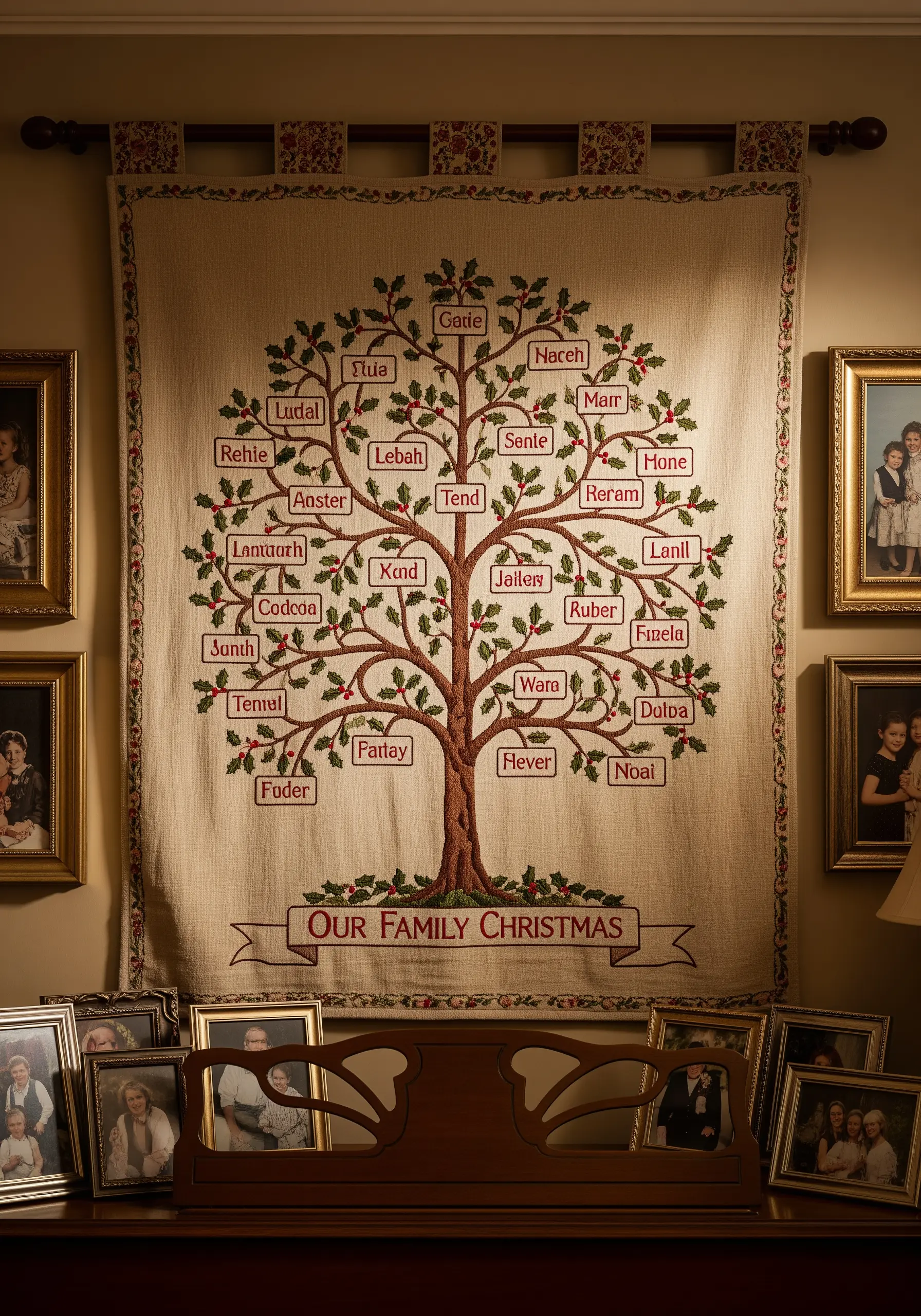 A large, embroidered family tree wall hanging with names stitched into boxes on the branches.