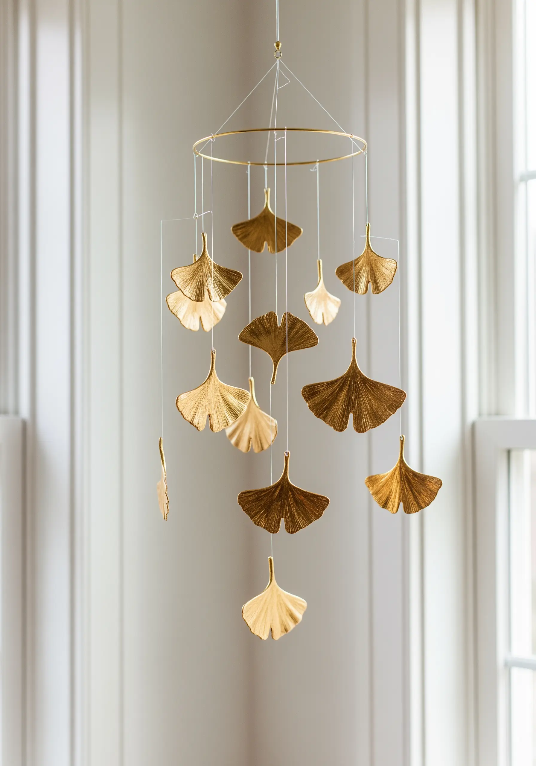 A delicate mobile made of golden ginkgo leaves hanging from a circular frame