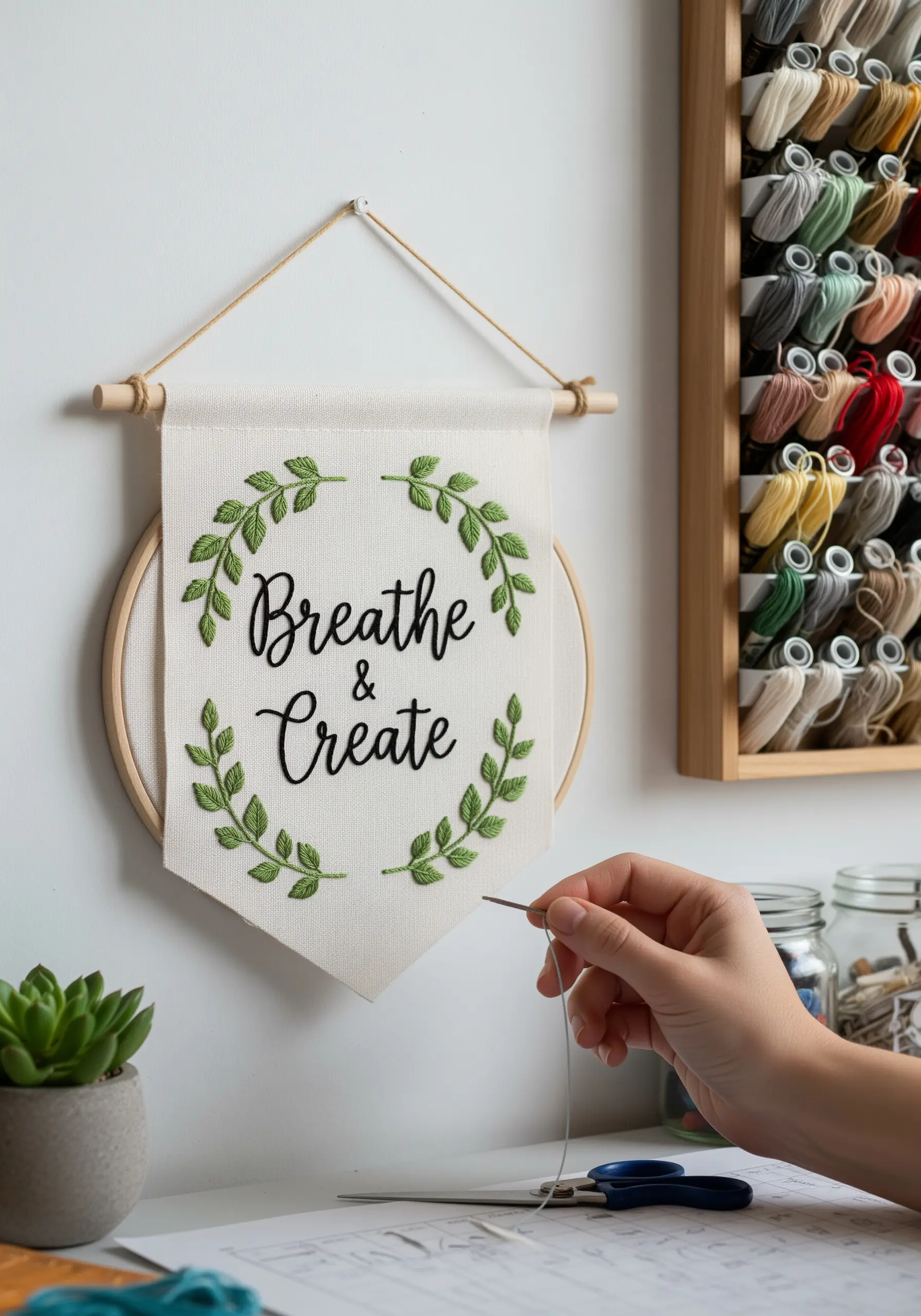 A wall banner embroidered with the words 'Breathe & Create' framed by a leafy wreath