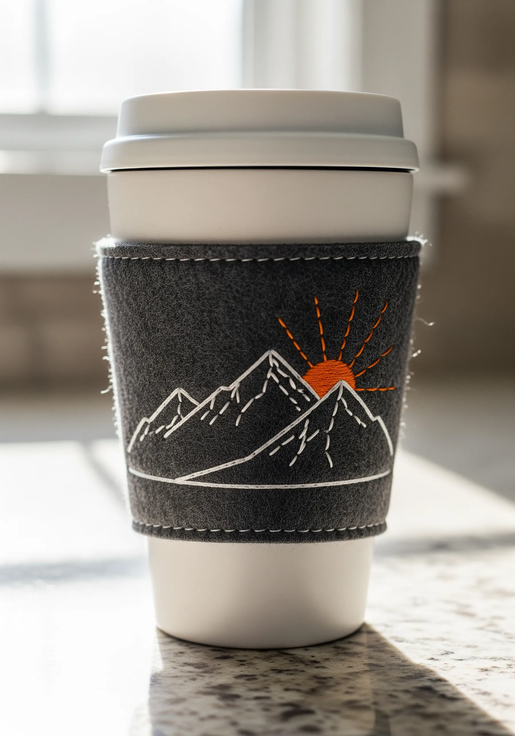 A dark gray felt coffee sleeve with a minimalist white line-art mountain range and a rising orange sun.