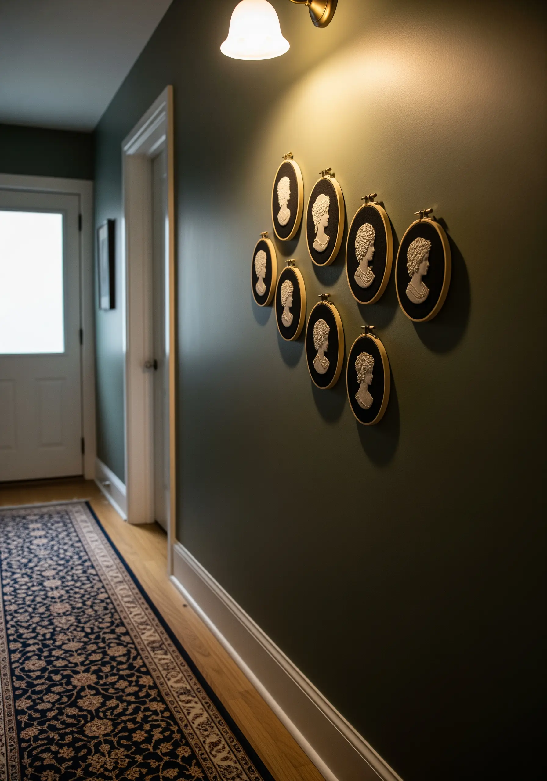 A gallery wall of small embroidery hoops, each with a white cameo silhouette on black fabric.