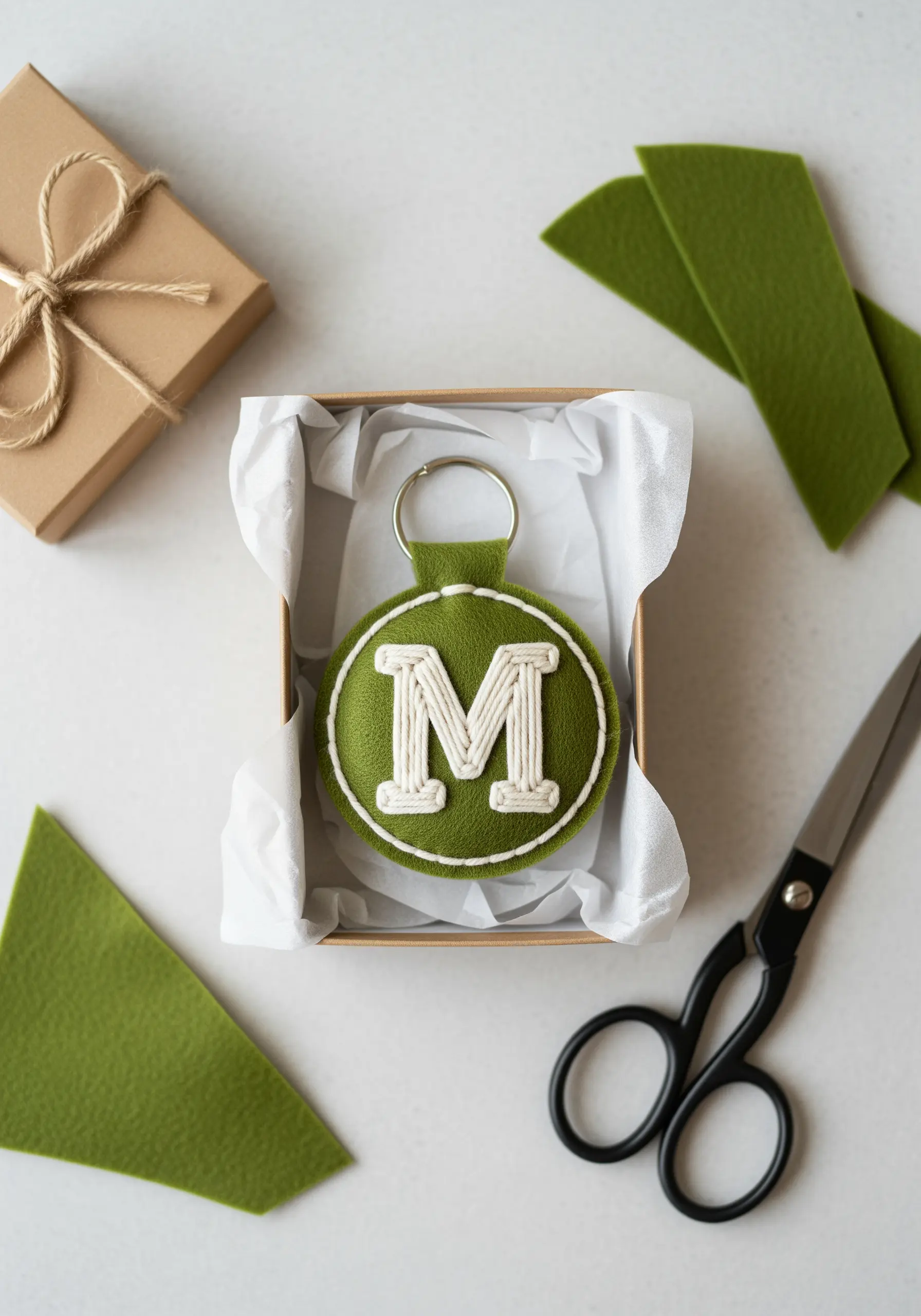 A green felt keychain with a large, textured letter 'M' embroidered in white yarn