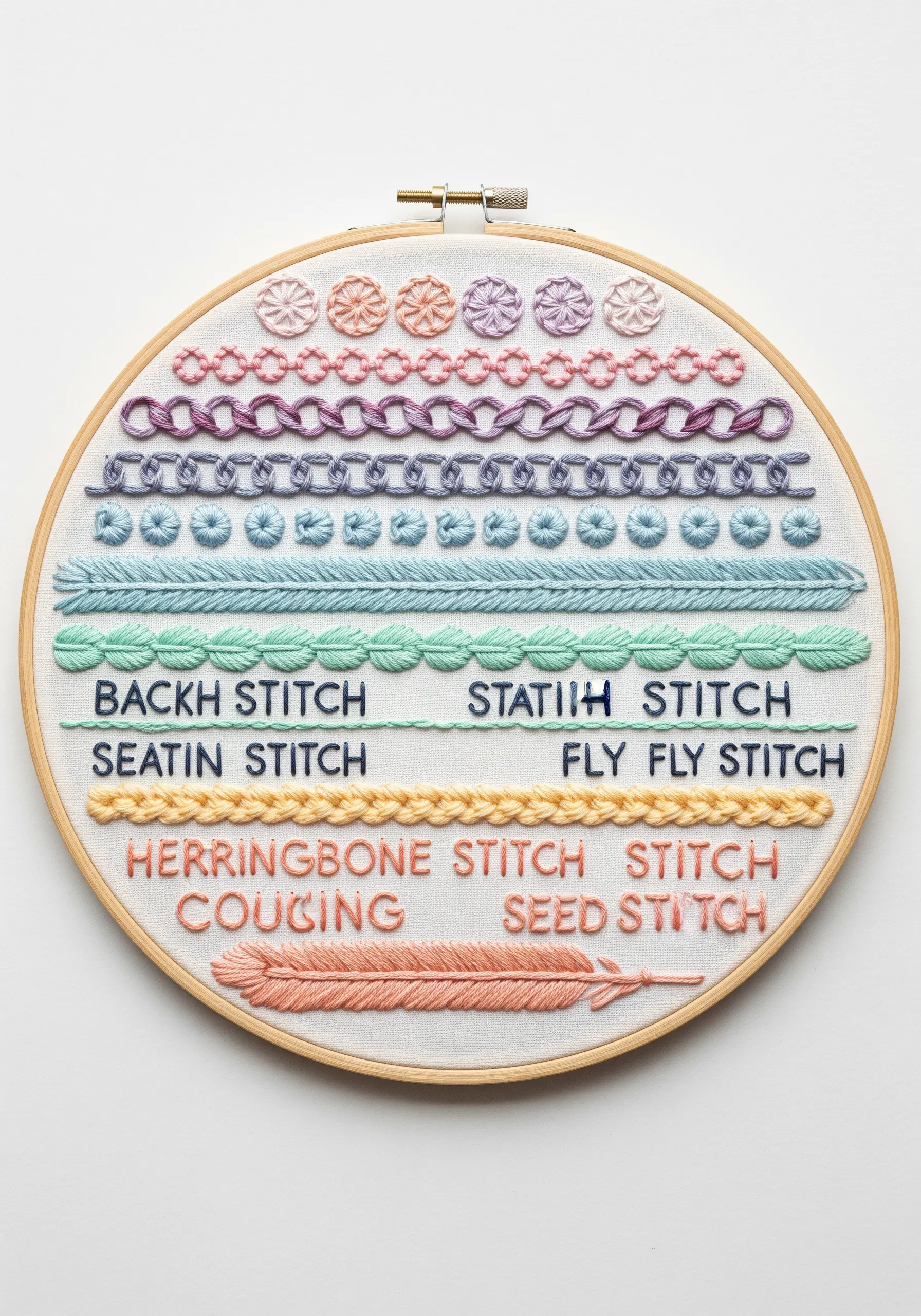 An embroidery sampler showing various stitches organized in pastel-colored rows.