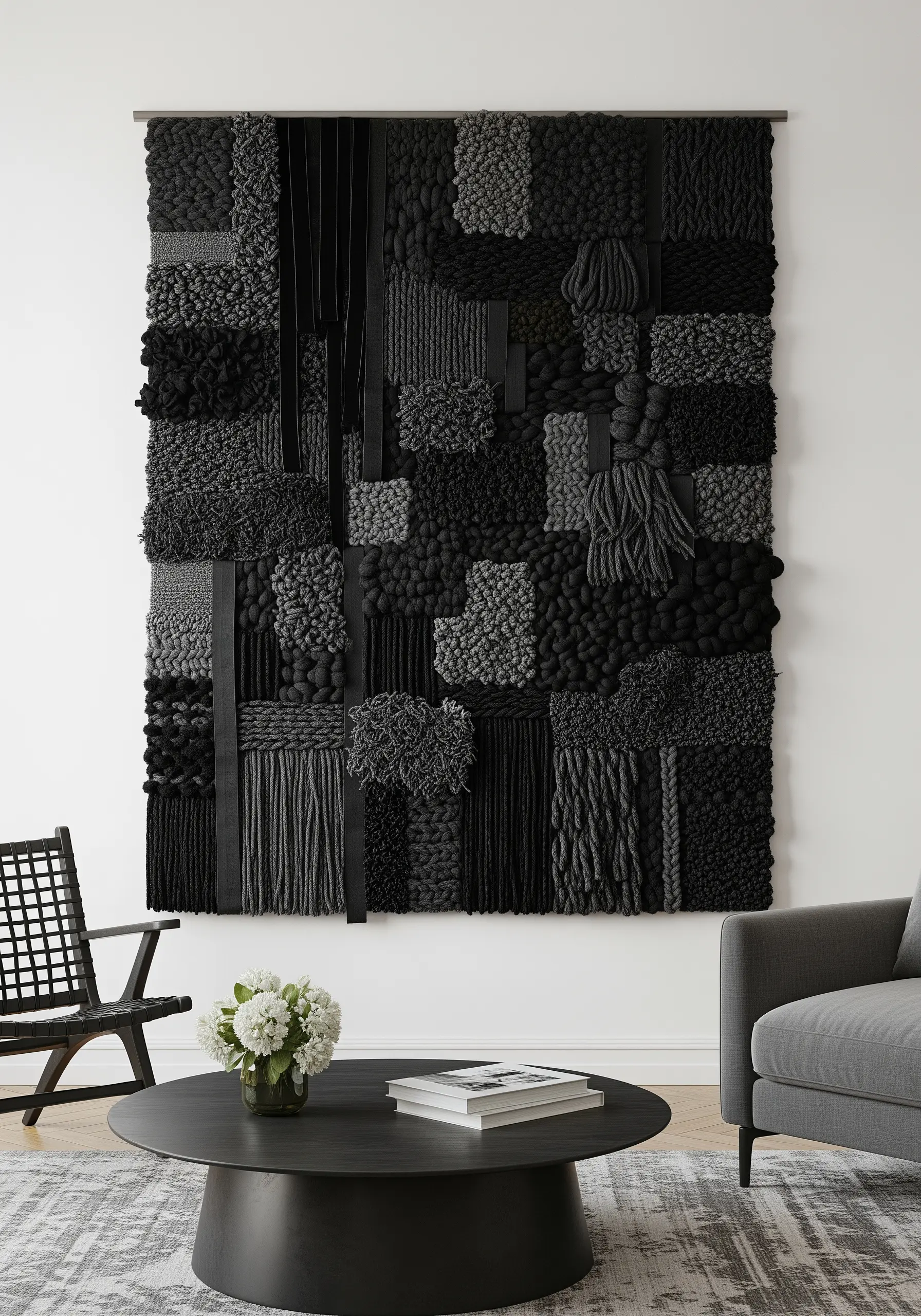 Large black and grey woven wall tapestry made of textured squares in a modern living room.