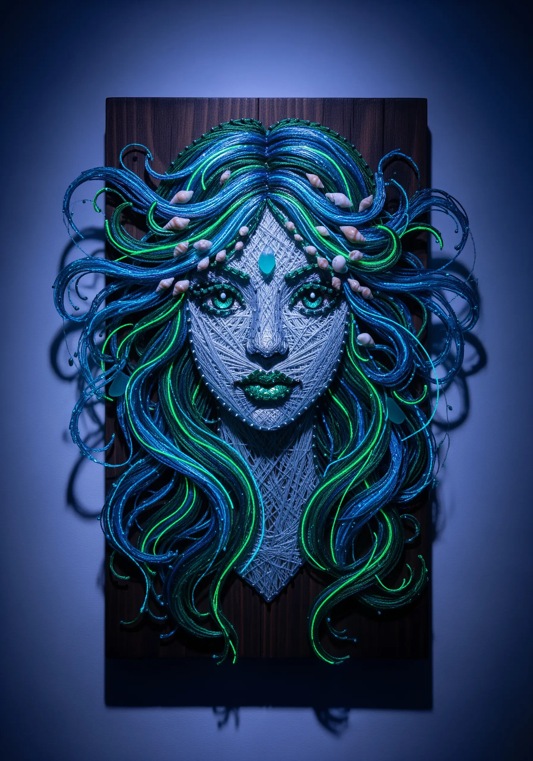 A mythical string art portrait of a sea siren with glowing blue and green threads and shell details.