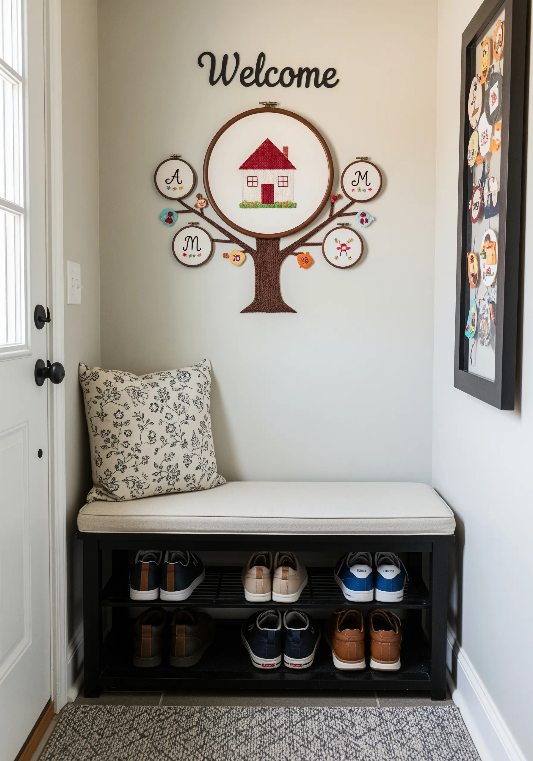 An embroidered family tree with a house in a large central hoop and initials in smaller hoops