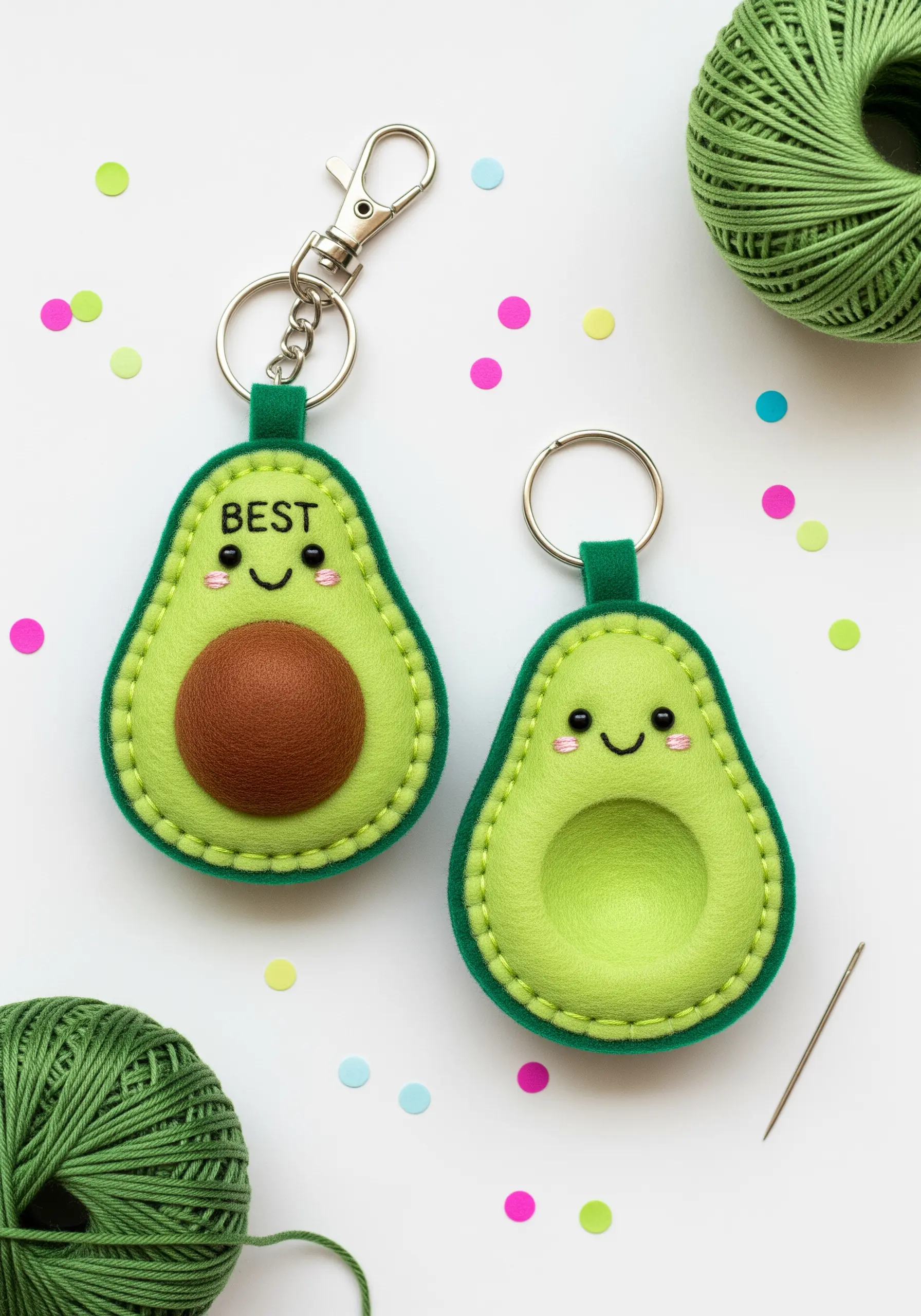 A pair of handmade felt avocado keychains with smiling faces, one with a 3D seed.