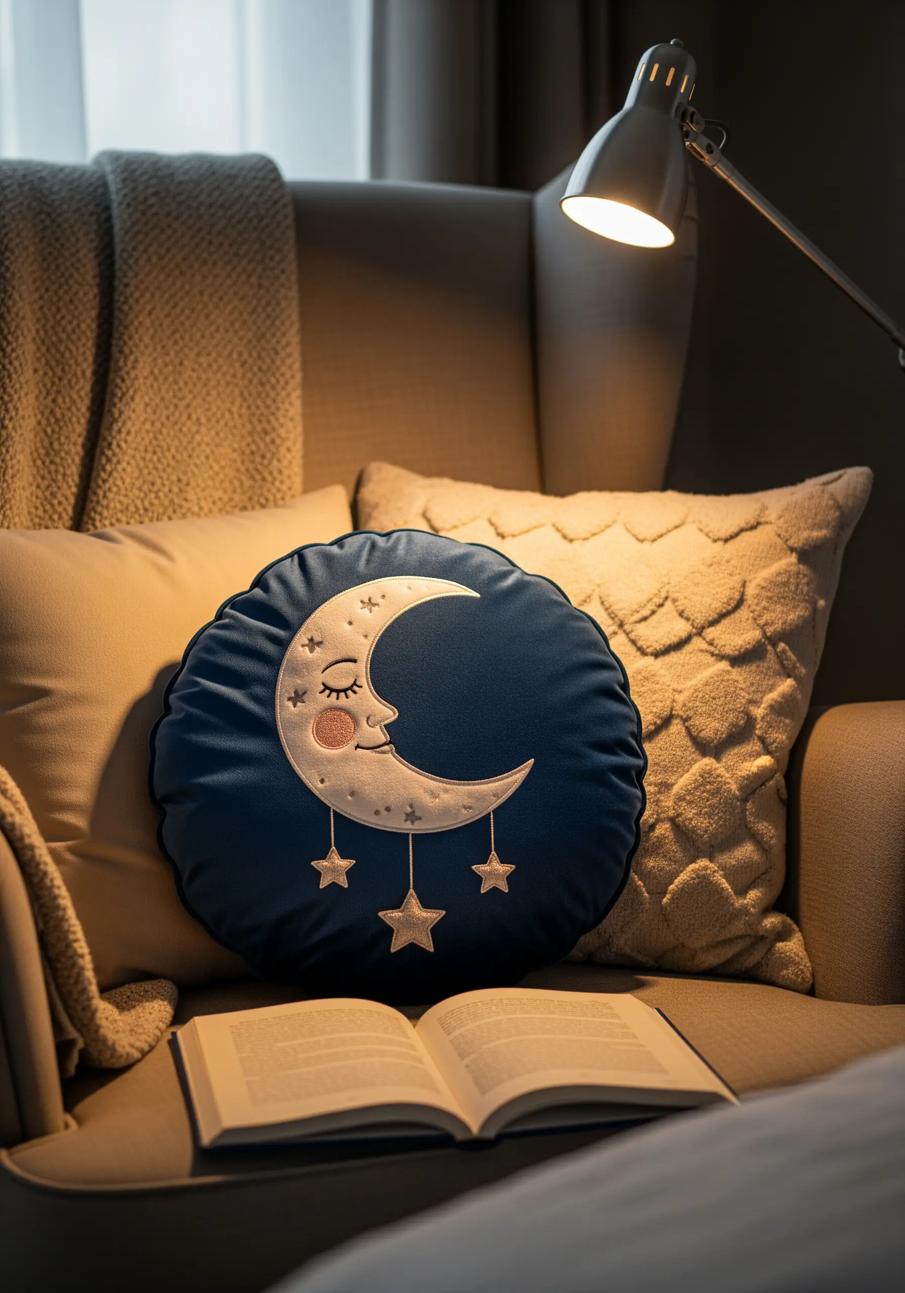 A round, dark blue velvet cushion embroidered with a sleeping crescent moon and stars.