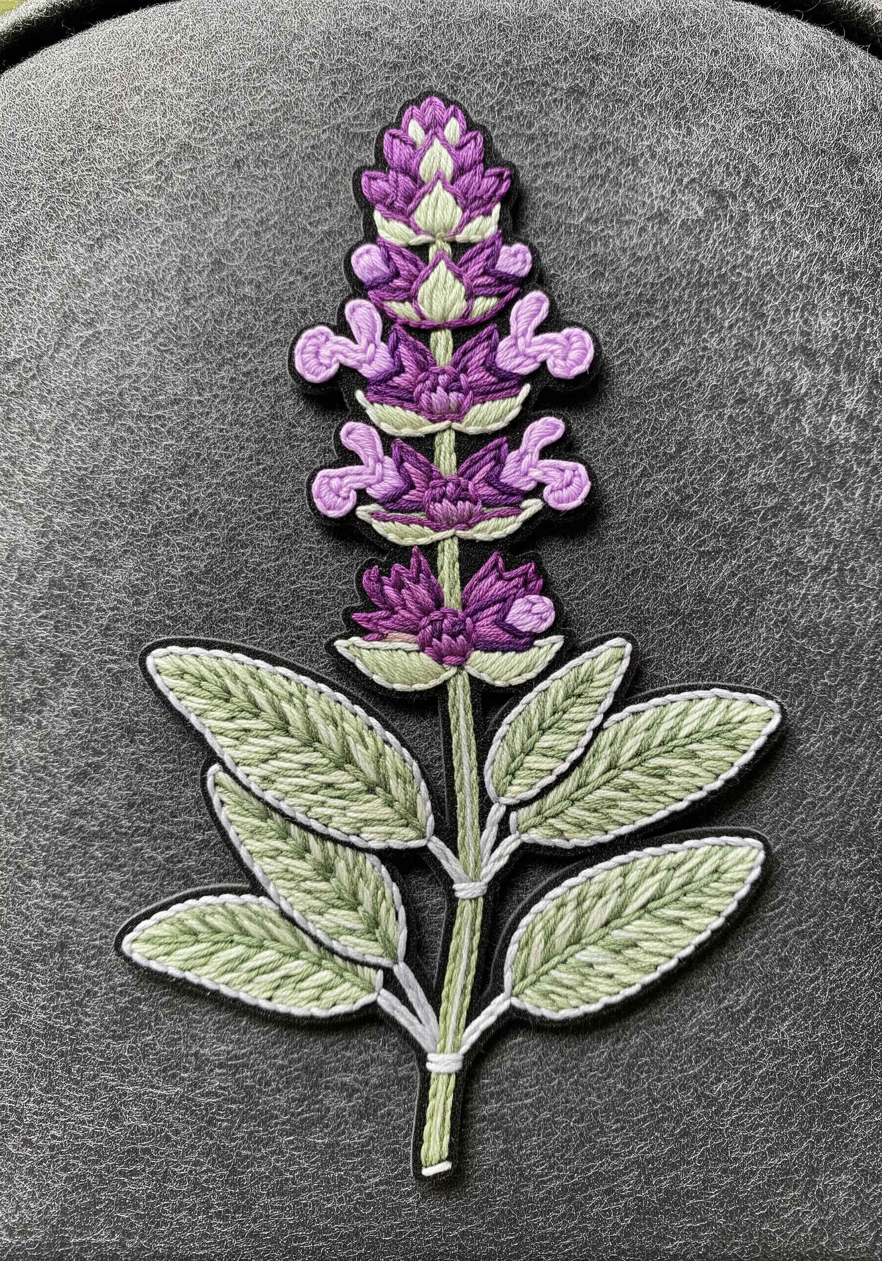 A detailed embroidered patch of a sage plant with a clean, satin-stitched black border.