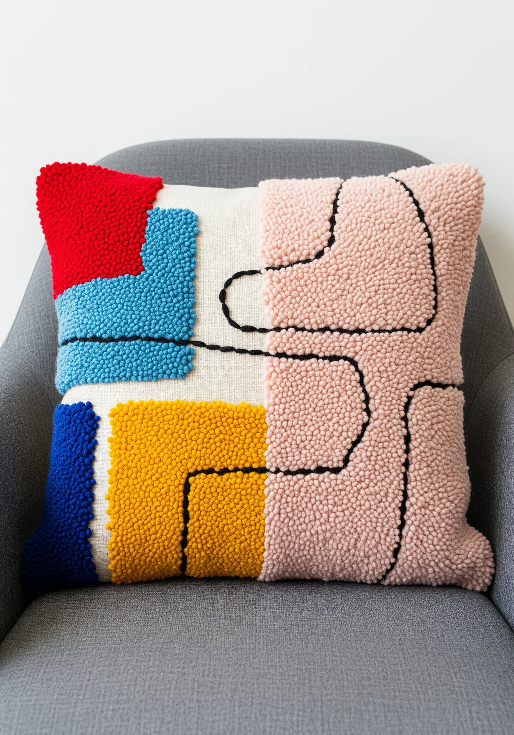 A punch needle pillow with abstract color blocks in red, blue, and yellow, outlined in black.