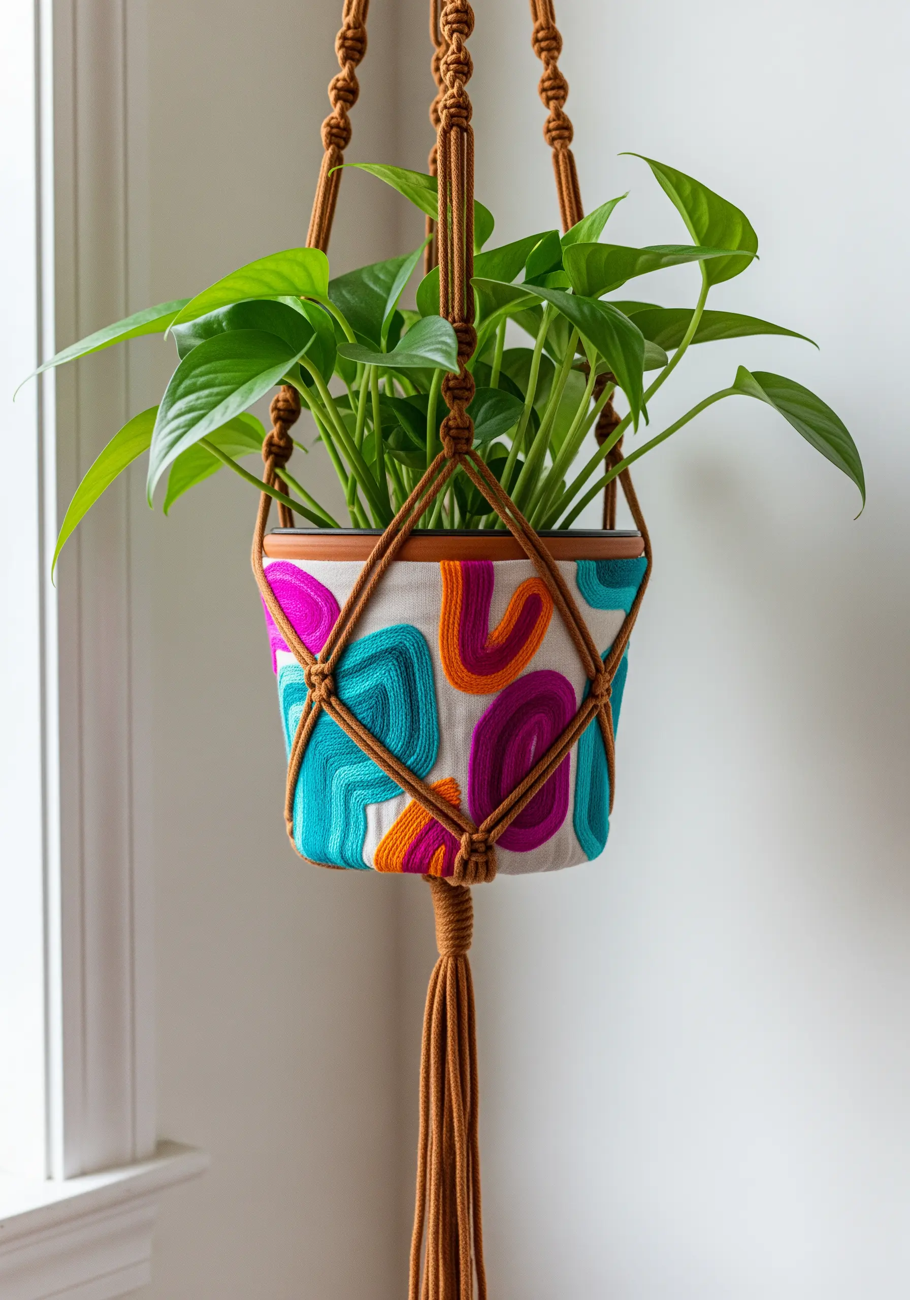 A plant pot covered with a colorful, abstract punch needle embroidery design, inside a macrame hanger.