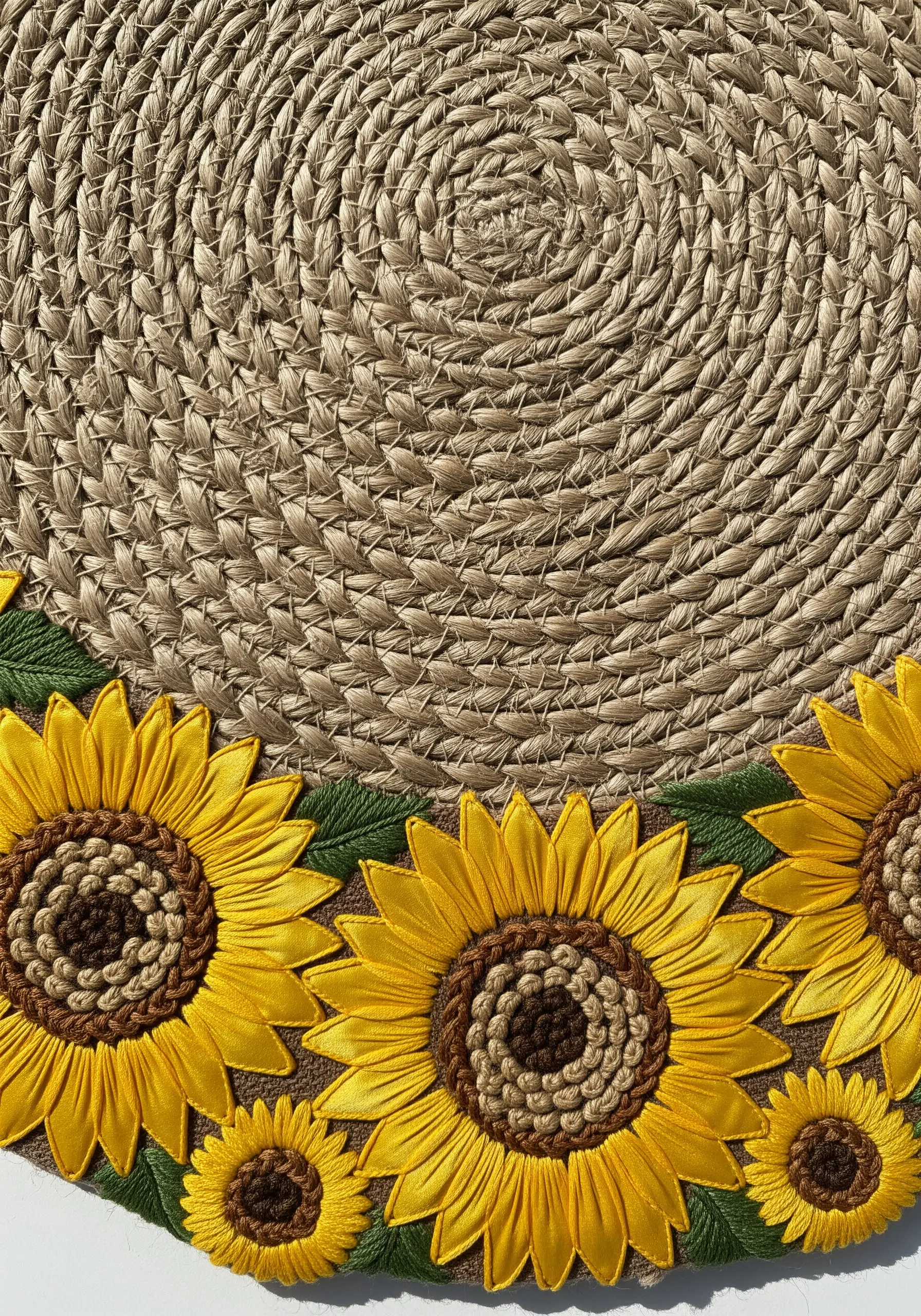 Dimensional sunflower border on a woven placemat using ribbon embroidery and French knots.
