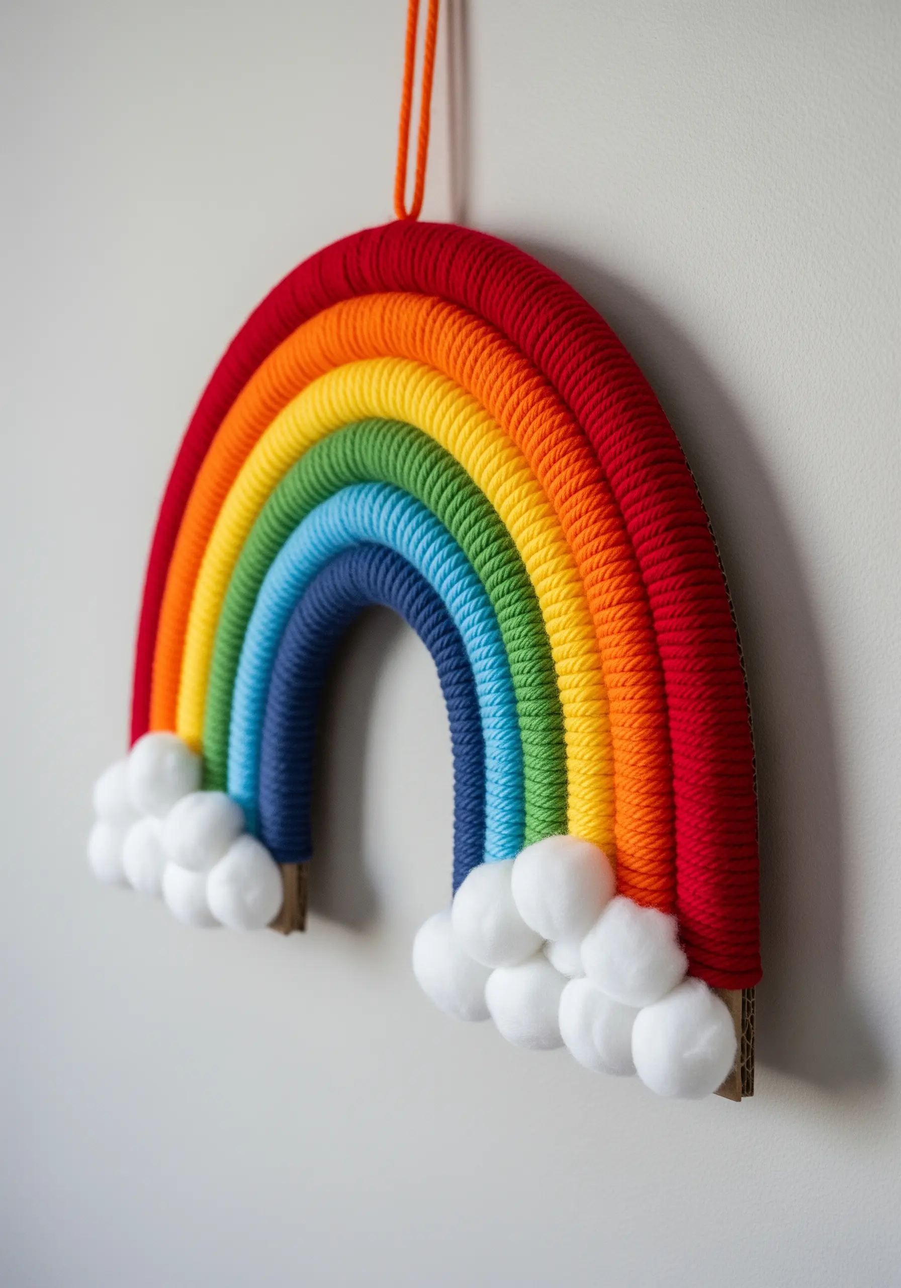 A rainbow wall hanging made from yarn wrapped around a cardboard arch, with cotton ball clouds.
