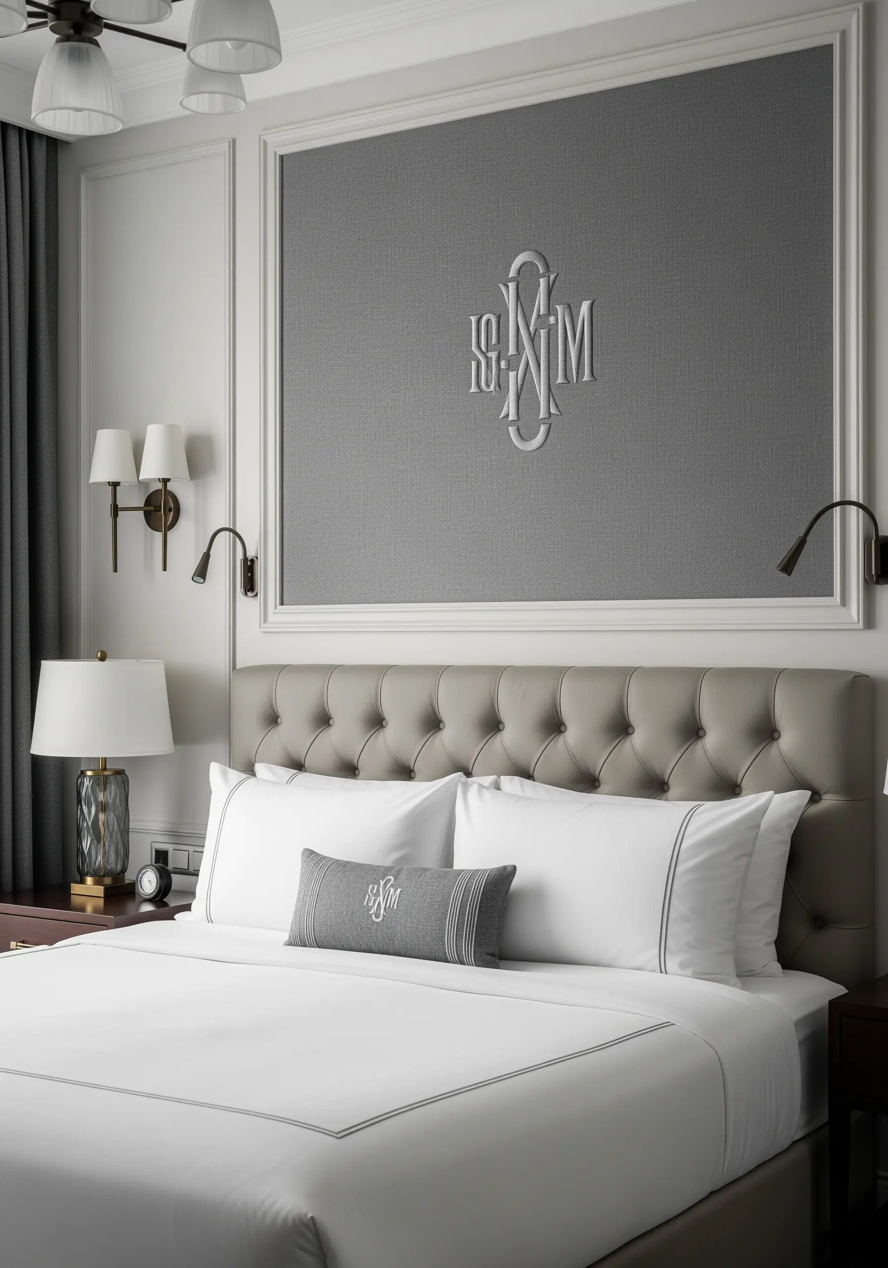 A large, elegant padded satin stitch monogram framed as wall art above a bed.
