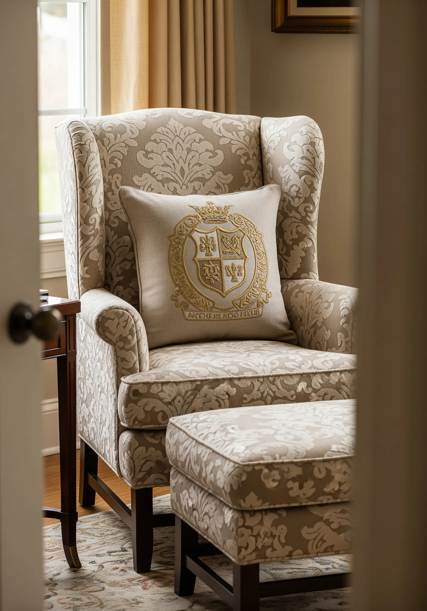 A goldwork embroidered crest with couched outlines on a neutral pillow.