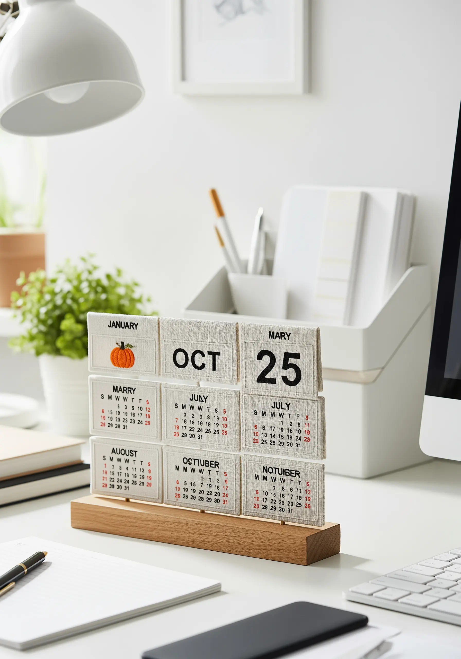 A perpetual desk calendar made of small embroidered fabric blocks with months, dates, and numbers.