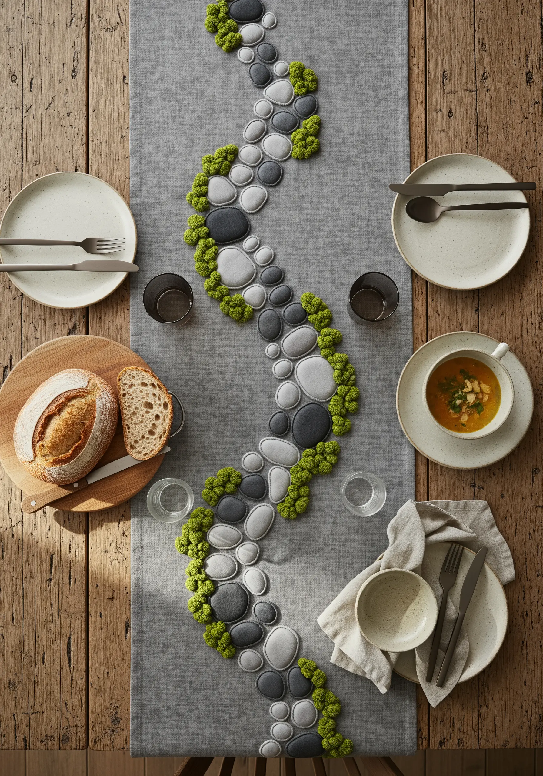 A grey table runner decorated with 3D embroidered river stones and moss.