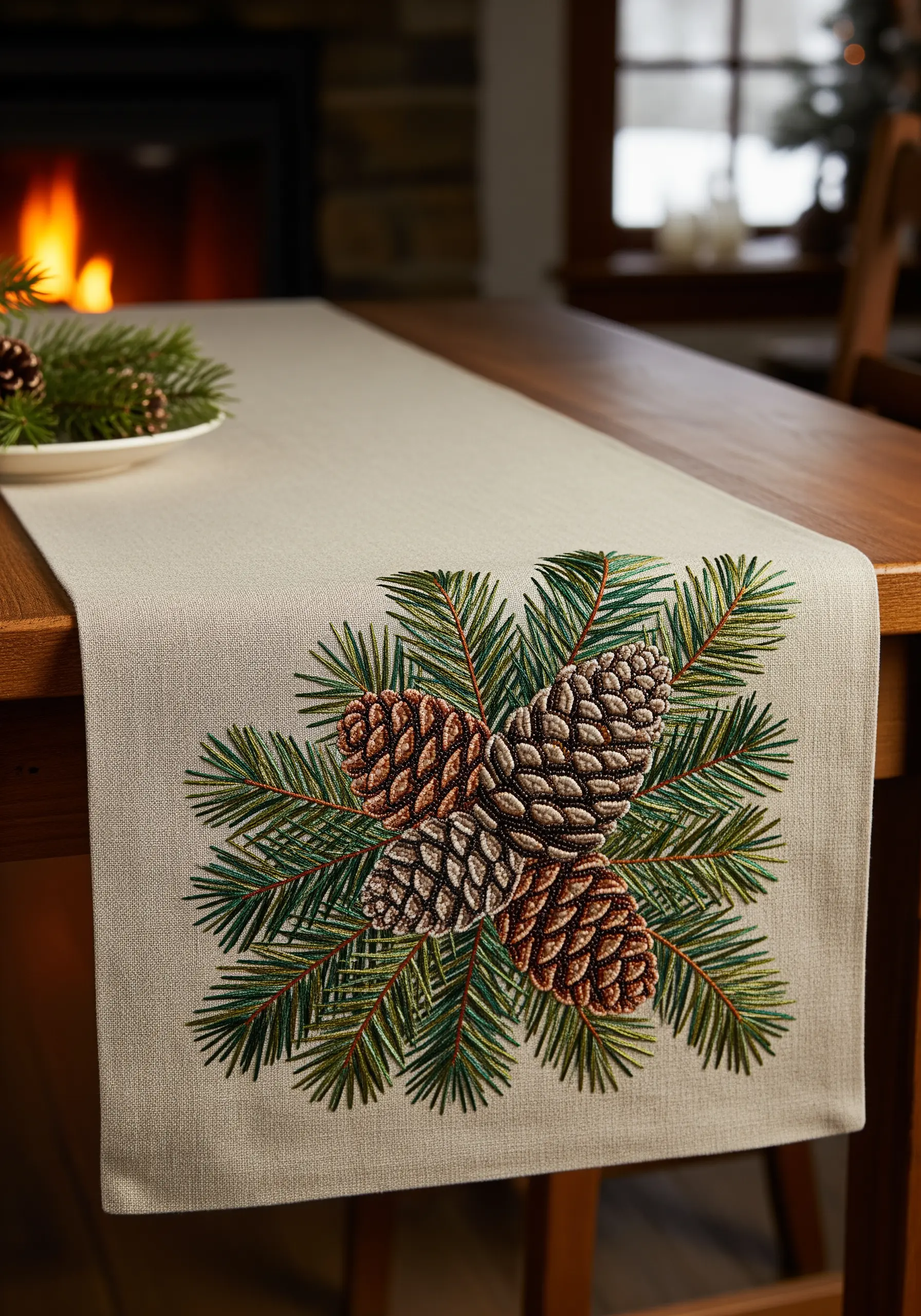 A textured arrangement of embroidered pinecones and pine needles on a neutral linen table runner.