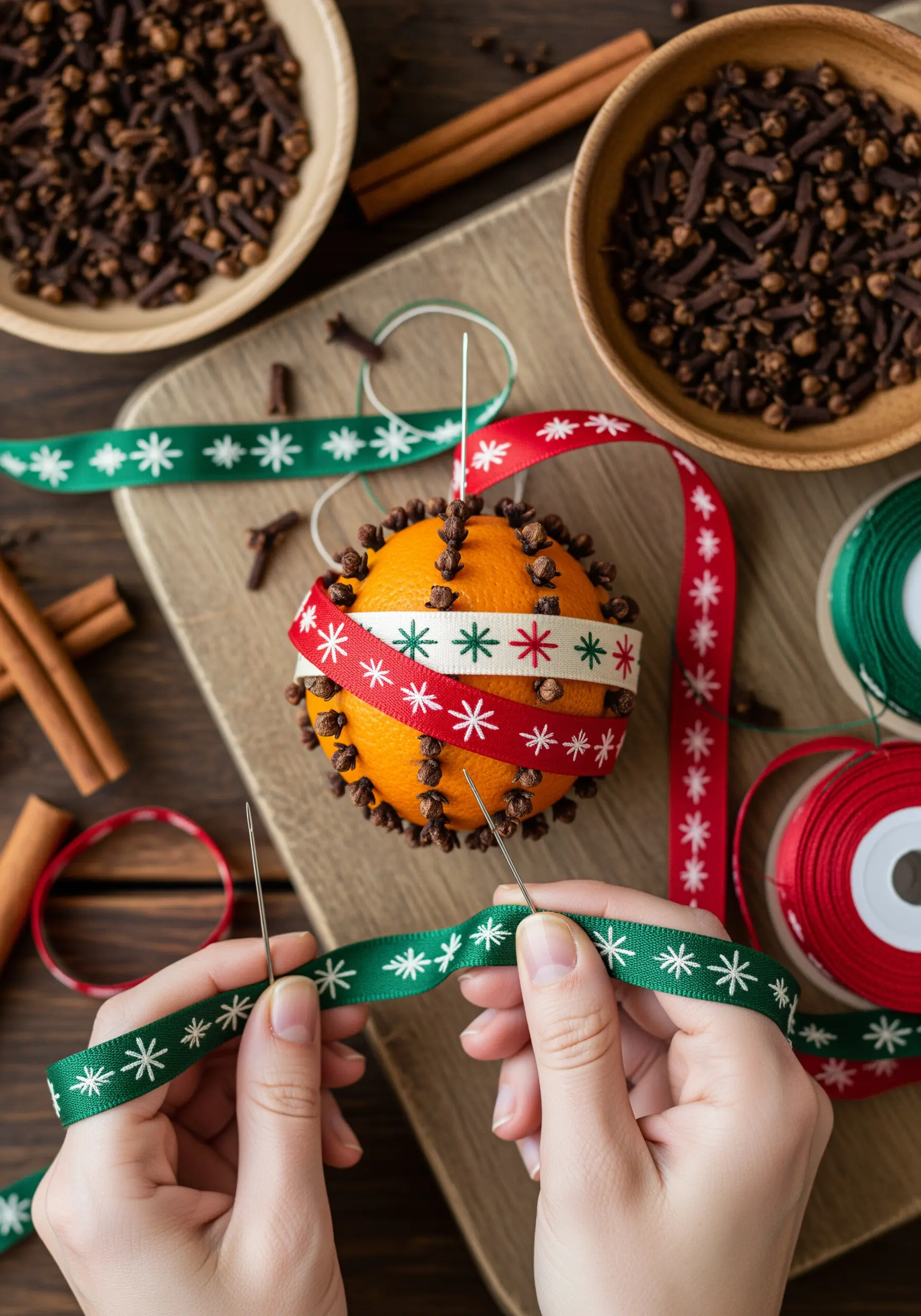 A person studding an orange with cloves, using festive red and green ribbons as a guide