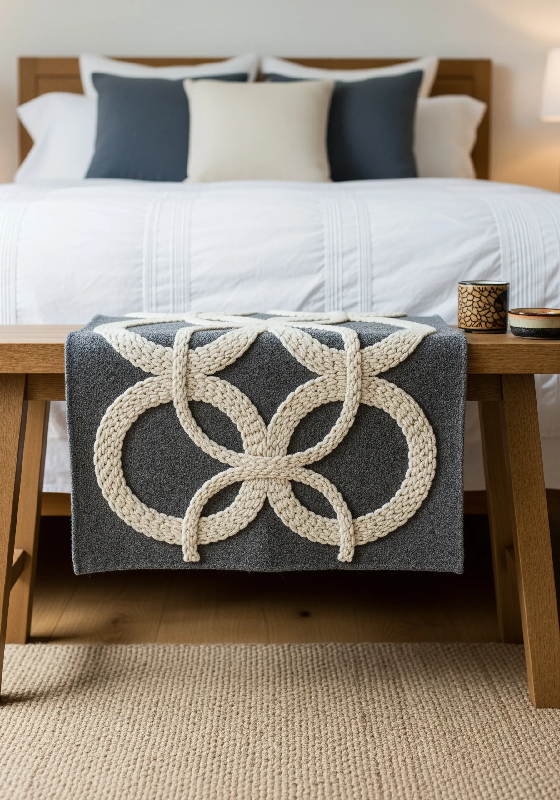 A gray bed runner with a raised, interlocking knot pattern made from thick, plaited cream yarn.