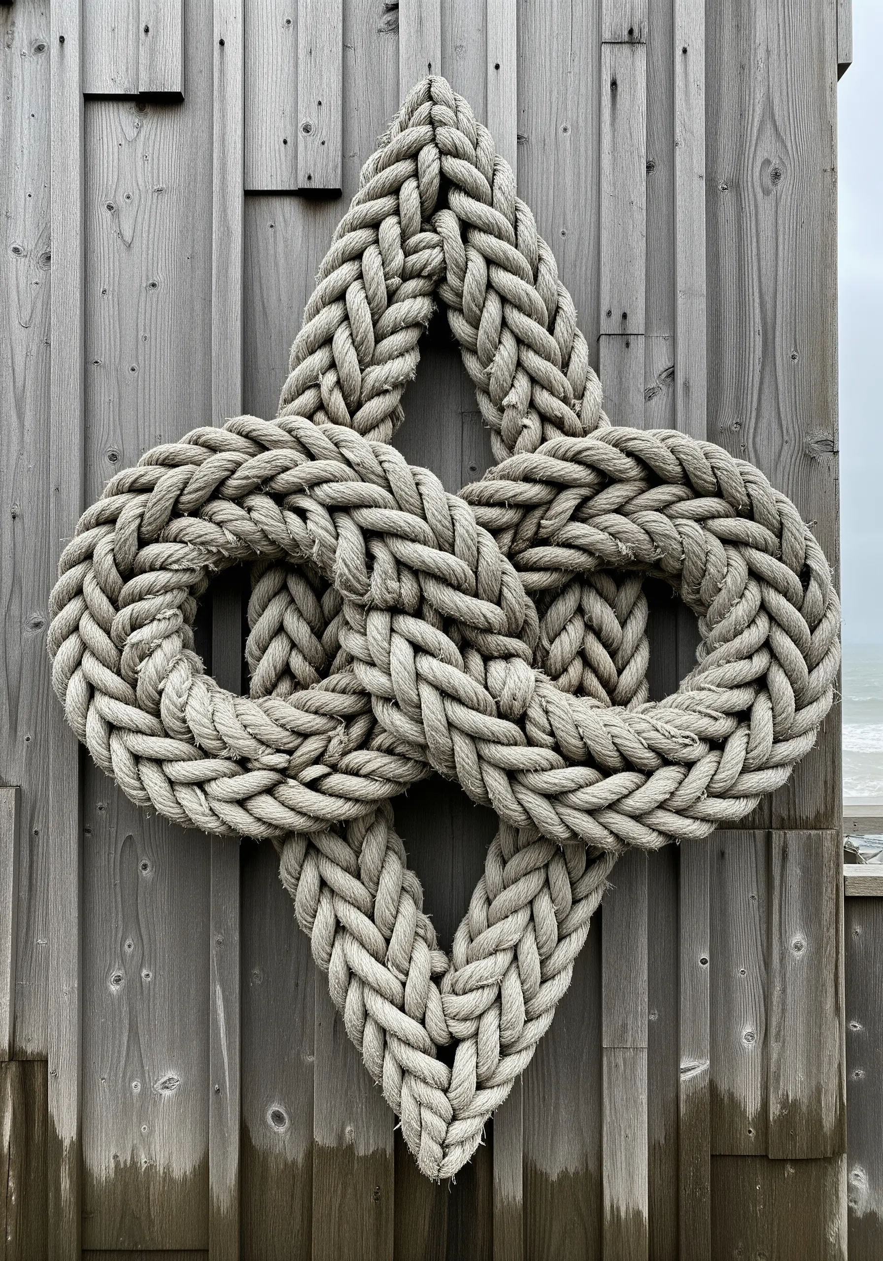 A large, intricate knot made from thick, weathered rope, mounted on a wooden wall.