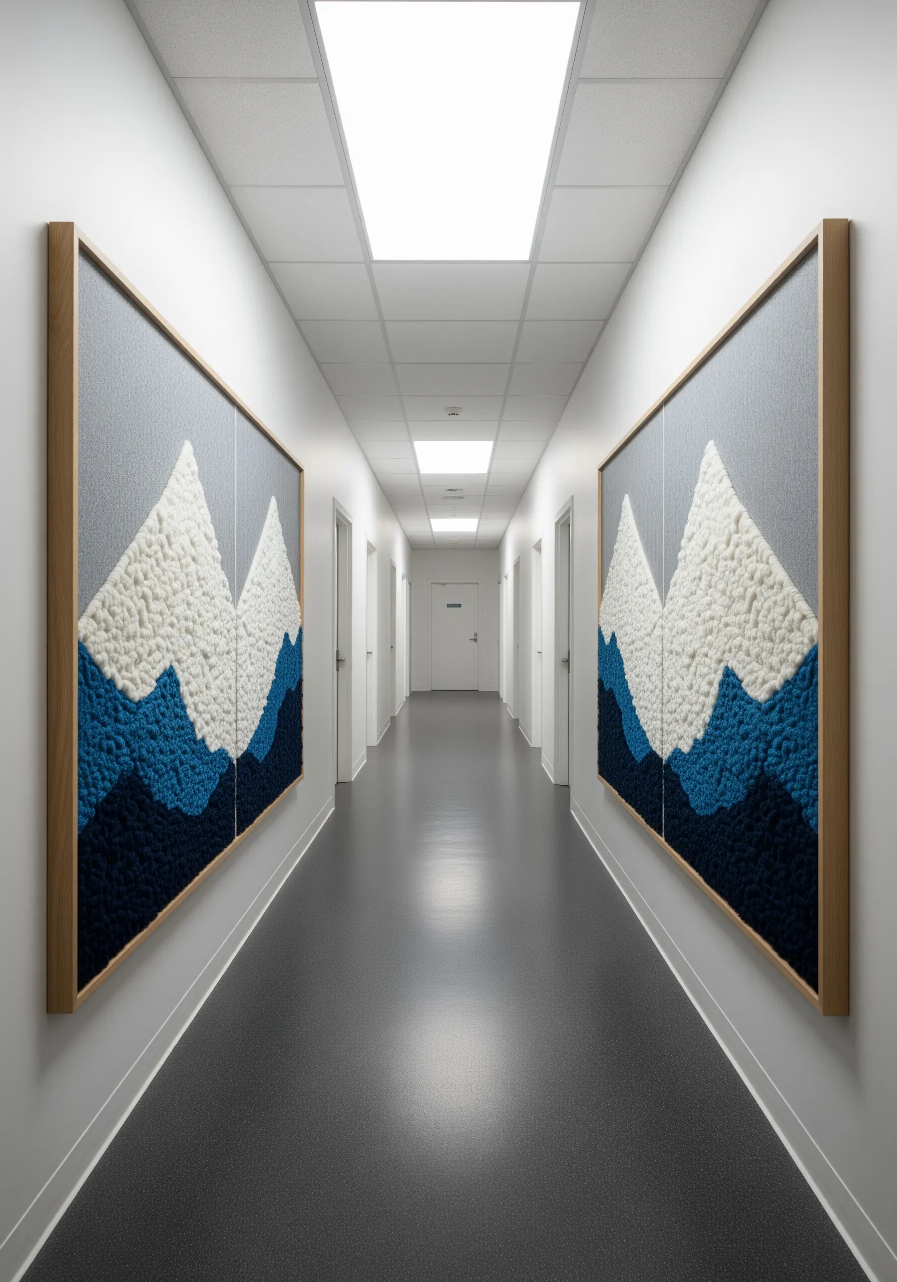 A two-panel embroidered artwork of textured mountain peaks in a long, minimalist hallway