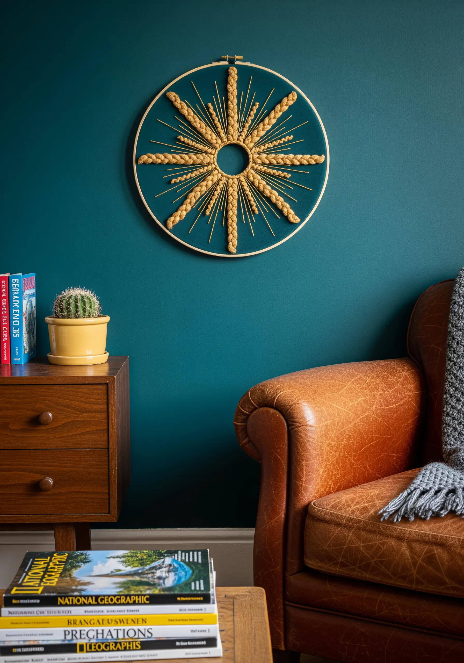 A large sunburst design made with thick, braided yellow yarn on a teal background.